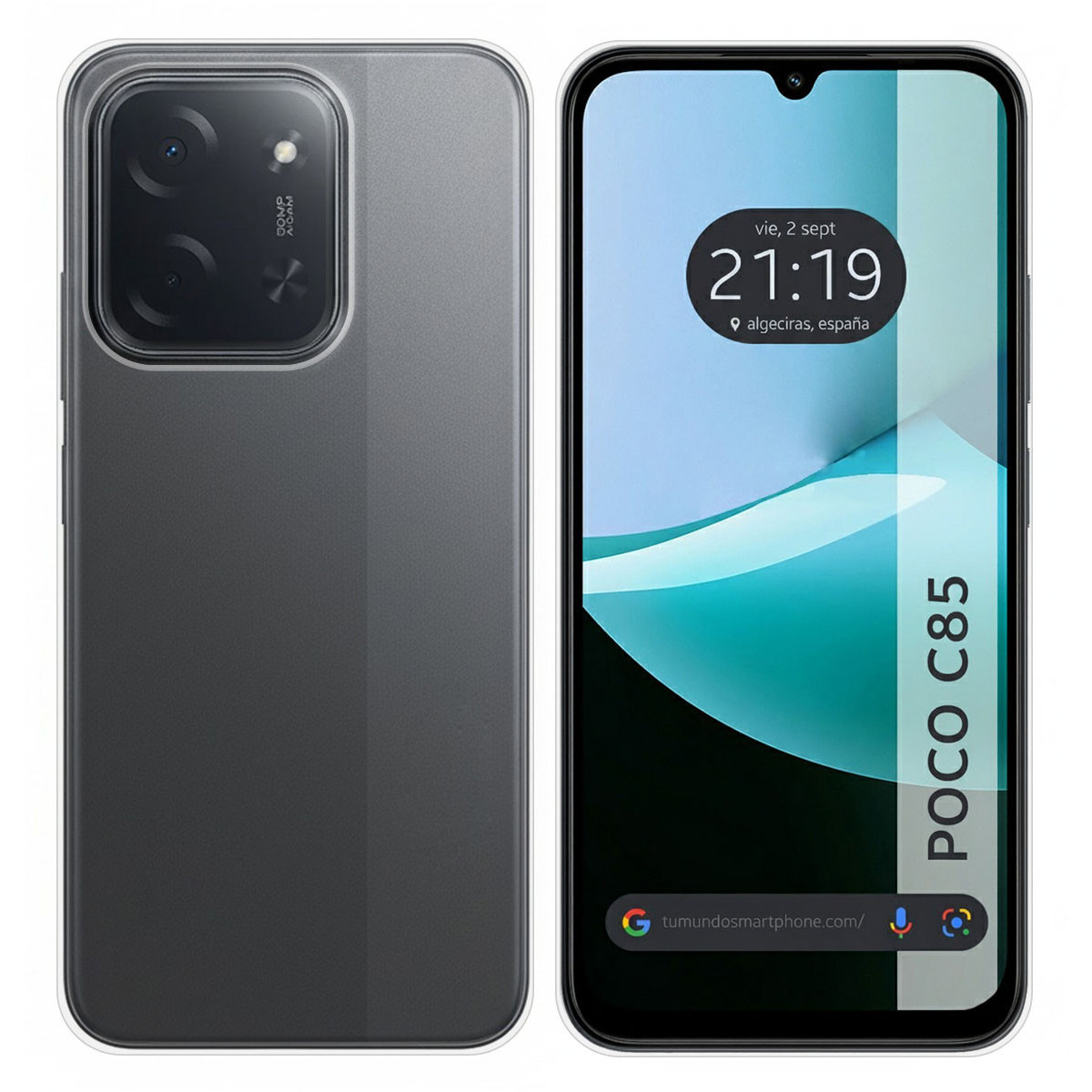 Uno smartphone con custodia trasparente. Lo schermo mostra data, ora e posizione. Il telefono è etichettato POCO C85.
