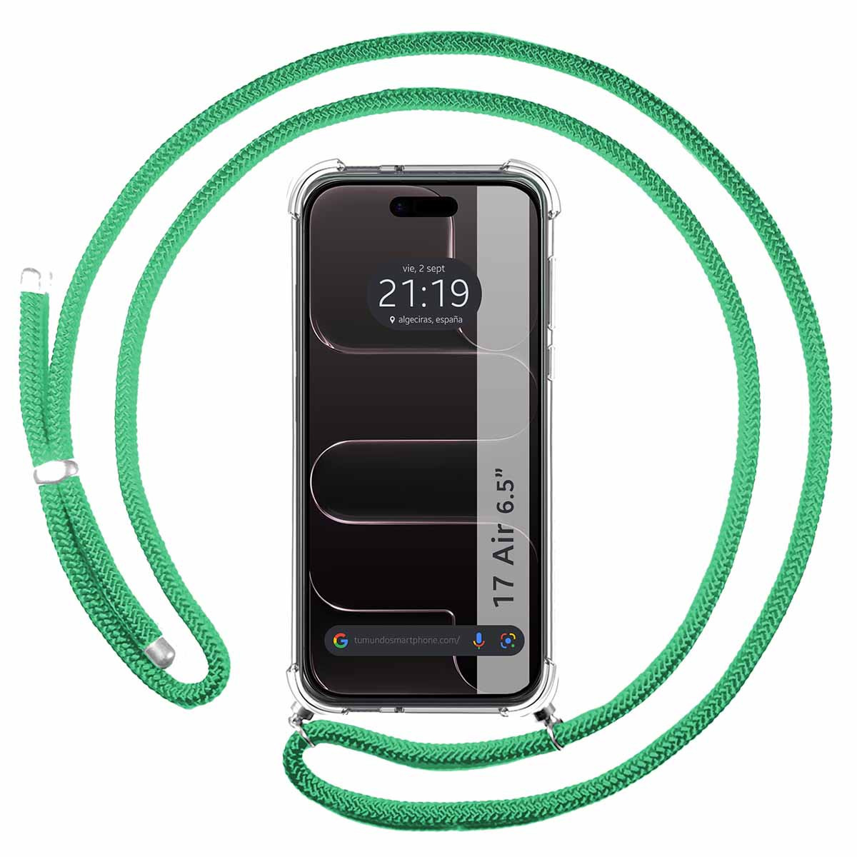 Un telefono con custodia trasparente e corda verde. Lo schermo mostra l'ora e il luogo. La corda è intorno al telefono.