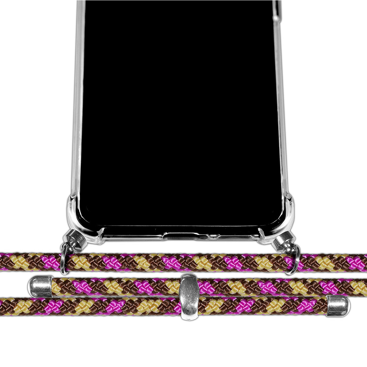 Un telefono nero in una custodia trasparente con un cinturino intrecciato colorato. Il cinturino ha sezioni rosa, marroni e beige.