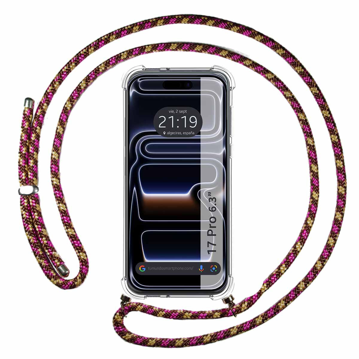 Uno smartphone con una custodia trasparente e un cinturino in corda rosa, marrone e oro. Lo schermo mostra l'ora e il luogo. Sfondo bianco.