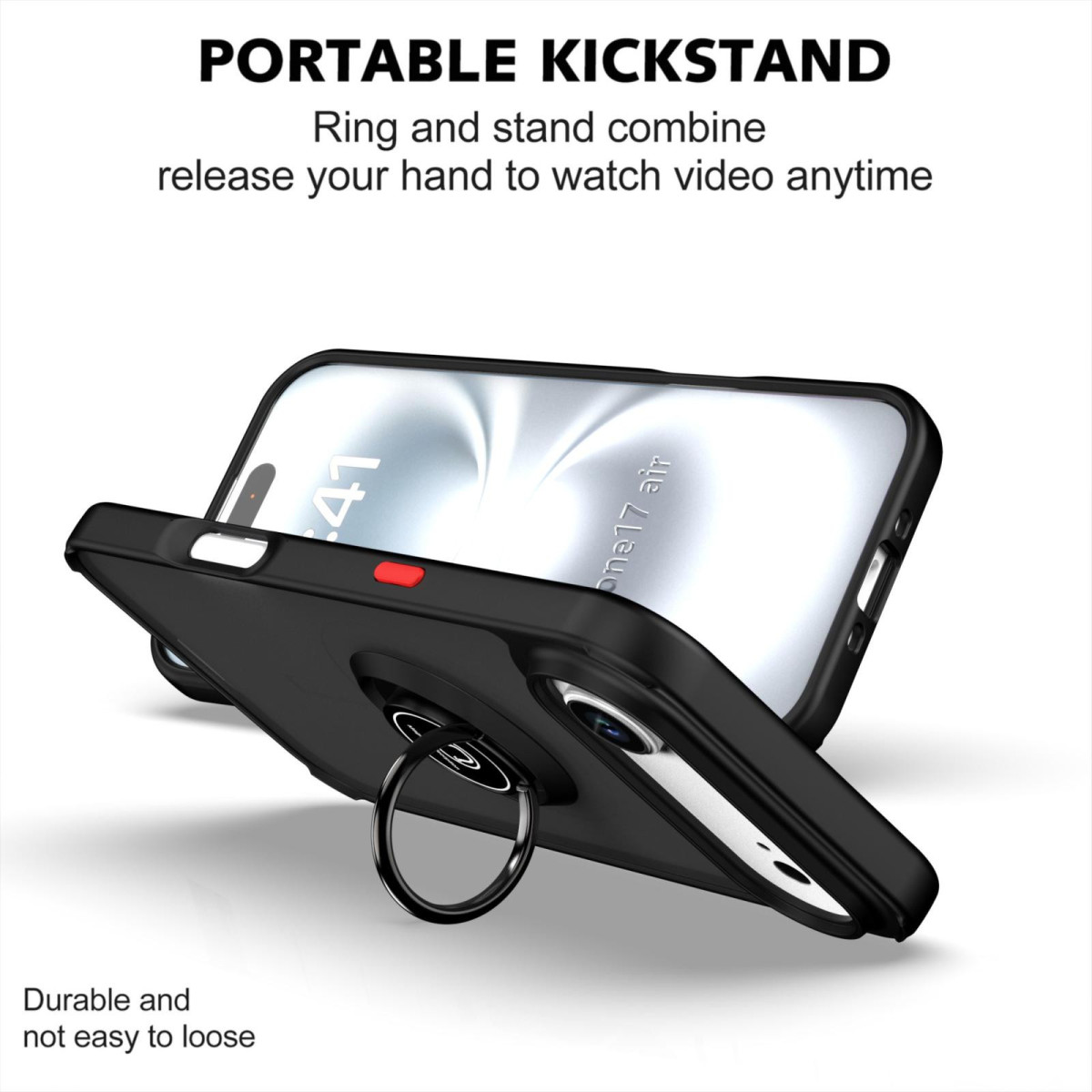 Una custodia nera con supporto ad anello sostiene un telefono, mostrando uno schermo. Testo: 'Portable Kickstand', 'Durable and not easy to loose'.