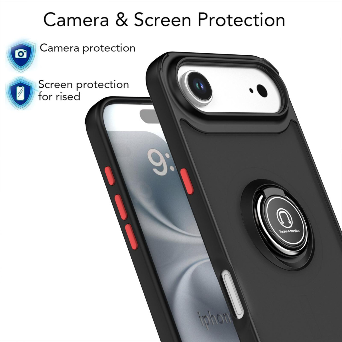 Custodia nera per telefono con anello. Pulsanti rossi sul lato. Lo schermo mostra un 9. Testo: Protezione fotocamera e schermo.