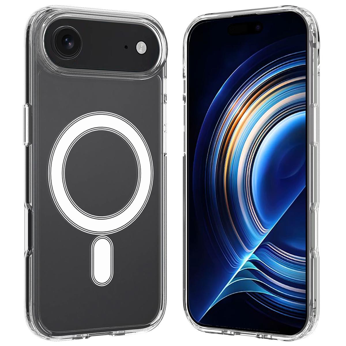 Custodia trasparente per telefono con anello magnetico bianco e telefono all'interno. Lo schermo mostra un design astratto blu e bianco.