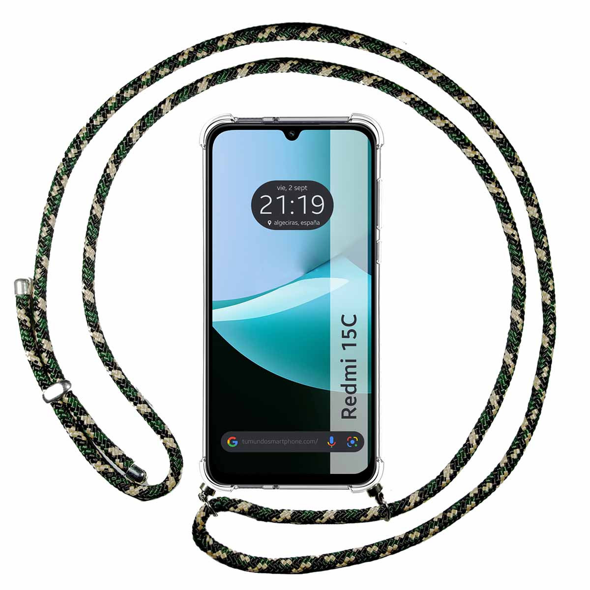 Uno smartphone in una custodia trasparente con un cordino a fantasia verde e nero. Il telefono mostra l'ora e la data, e ha il logo Redmi 15C.