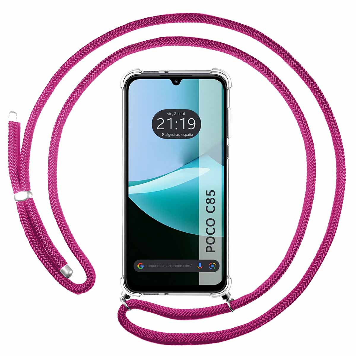 Uno smartphone con custodia trasparente e cordino rosa. Il telefono mostra l'ora. Lo sfondo è bianco.