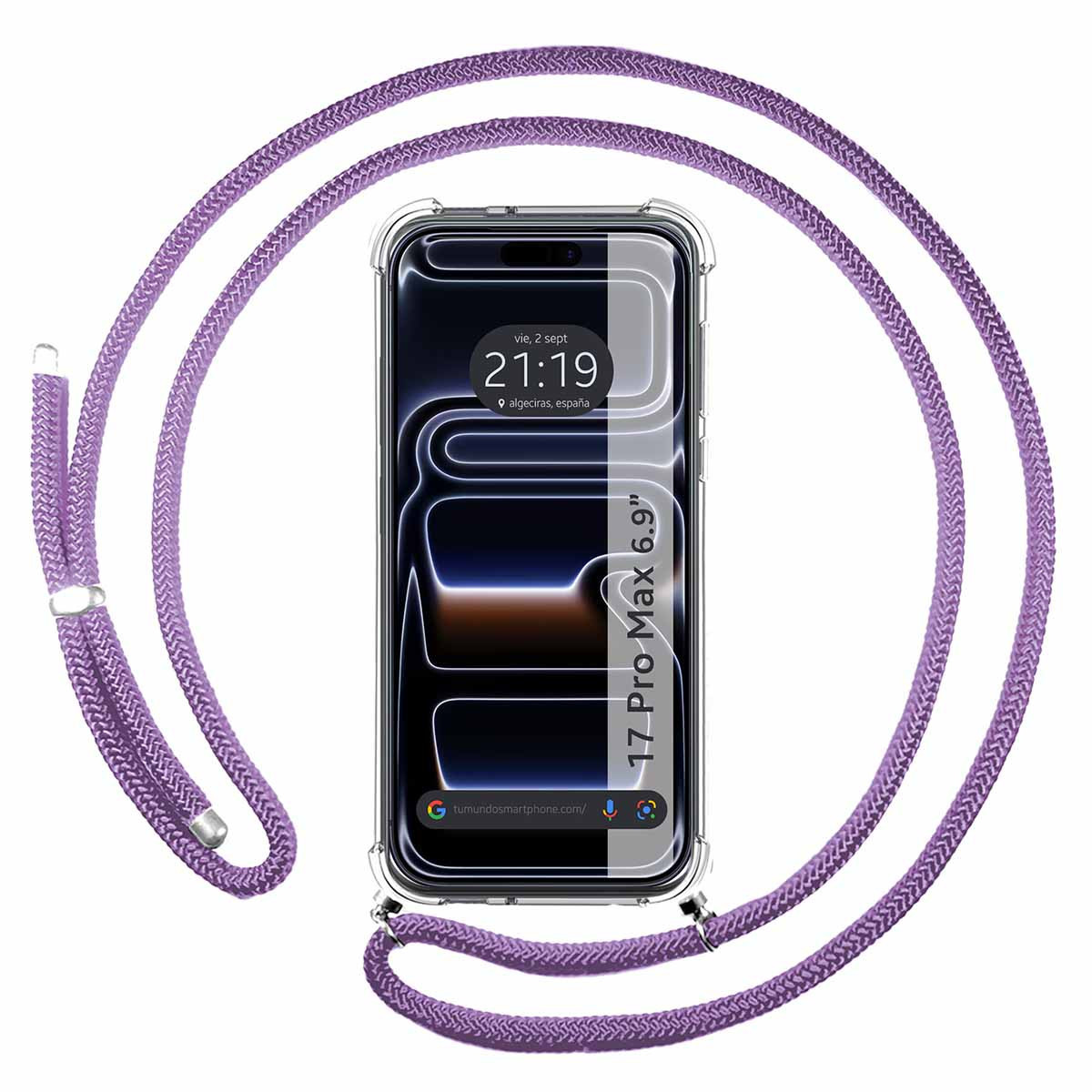 Uno smartphone con custodia trasparente e cordino viola. Lo schermo mostra l'ora e l'indirizzo del sito web. Il telefono è circondato dal cordino.