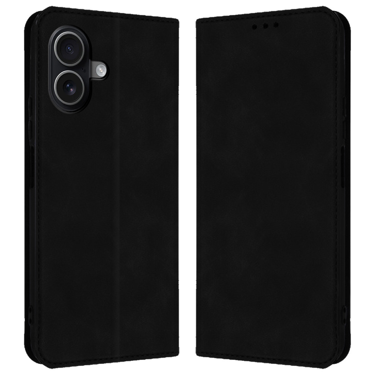 Custodia per telefono nera, aperta. Il lato sinistro mostra le lenti della fotocamera. Il lato destro è liscio. Entrambi i lati sono simili alla pelle.