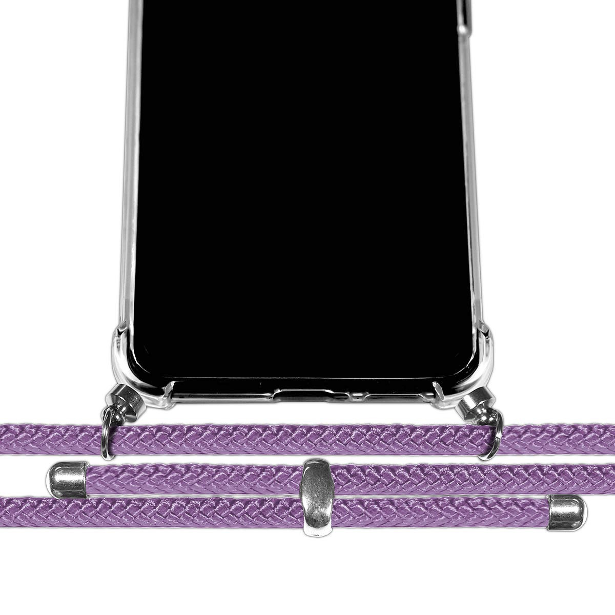 Uno smartphone con custodia trasparente, appeso a un cordino viola intrecciato. Chiusure argentate e un cursore regolano il cordino.