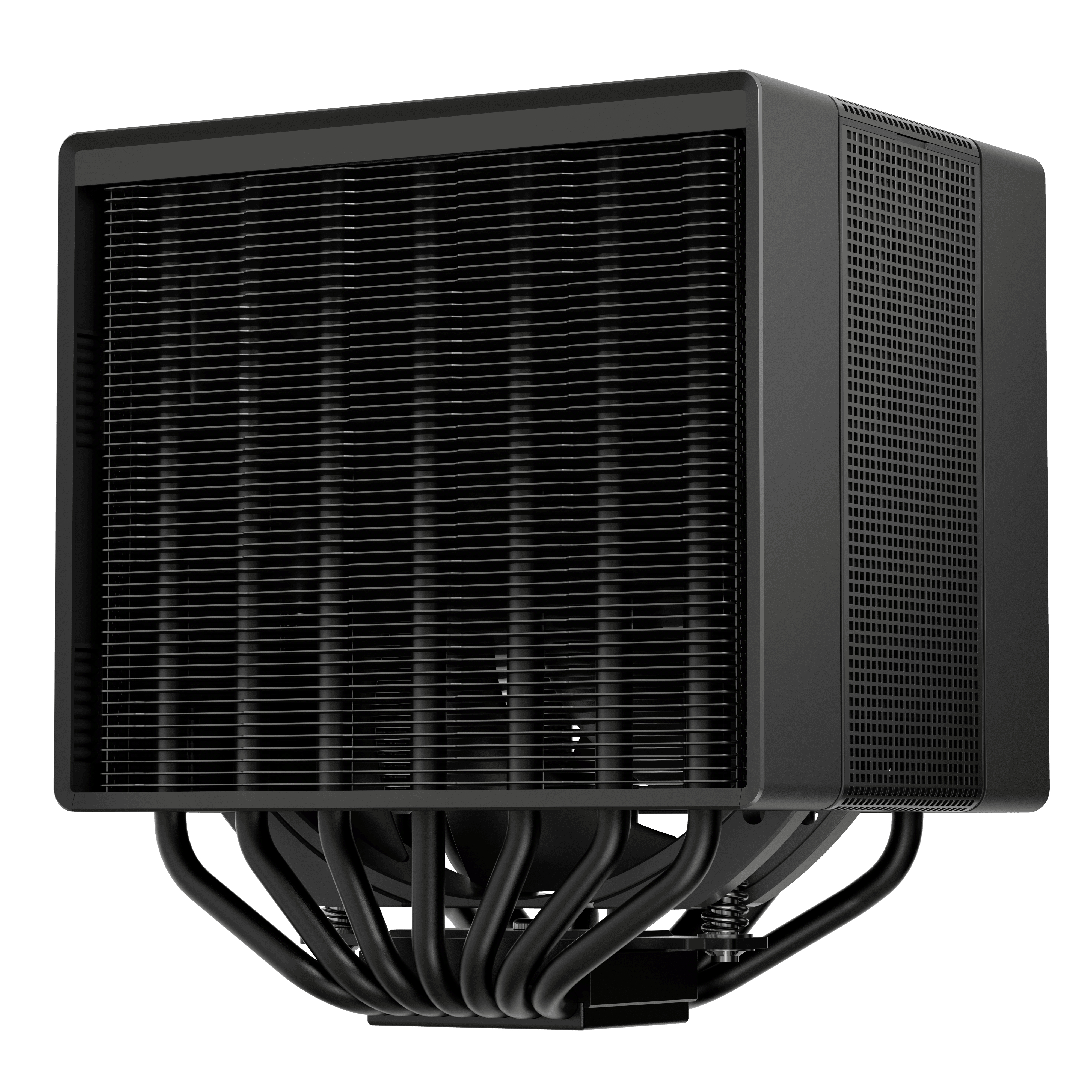 Un refroidisseur de CPU noir avec un grand dissipateur thermique et plusieurs caloducs sur fond blanc.