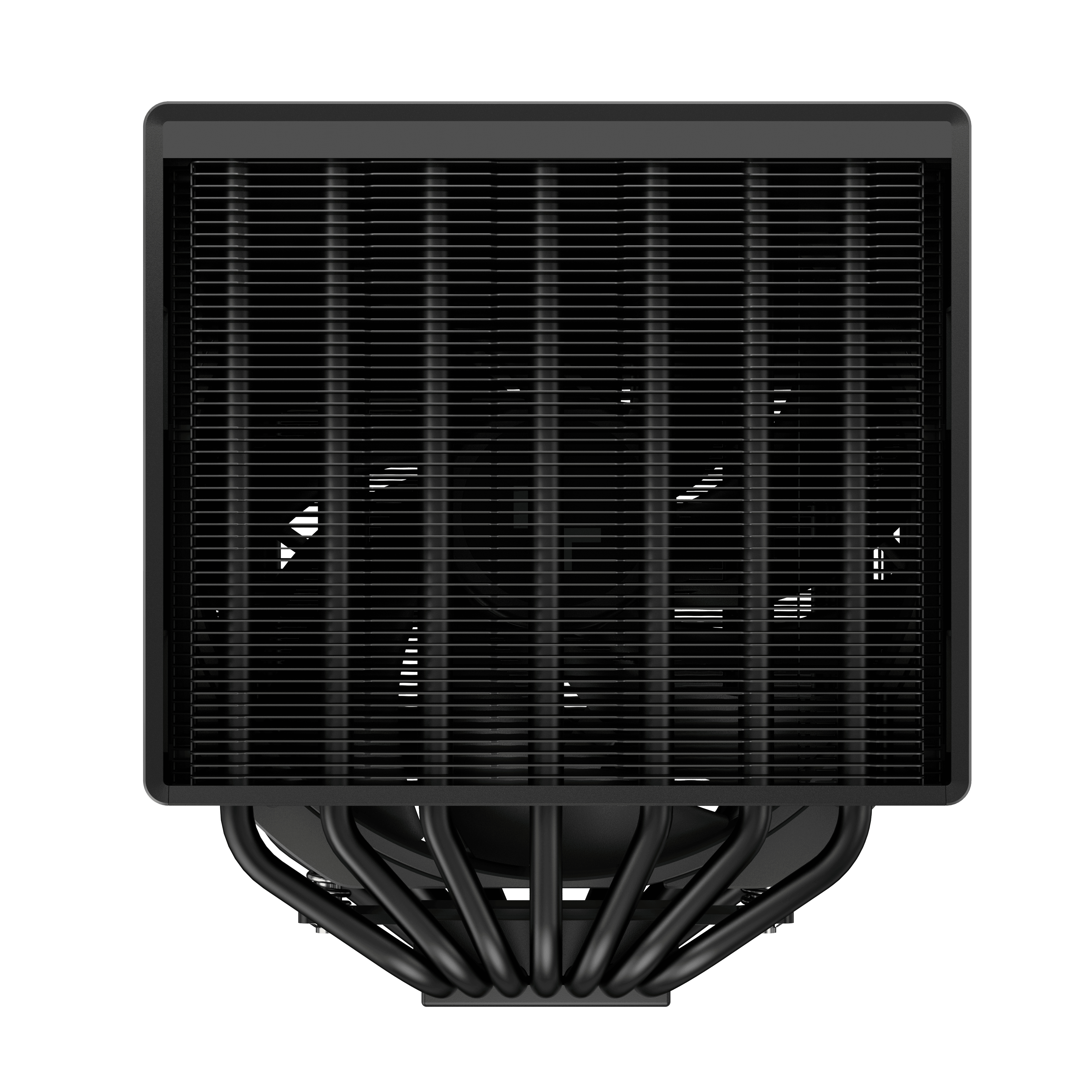 Un refroidisseur de CPU noir avec caloducs et ailettes, vu de dessus, isolé sur fond blanc.