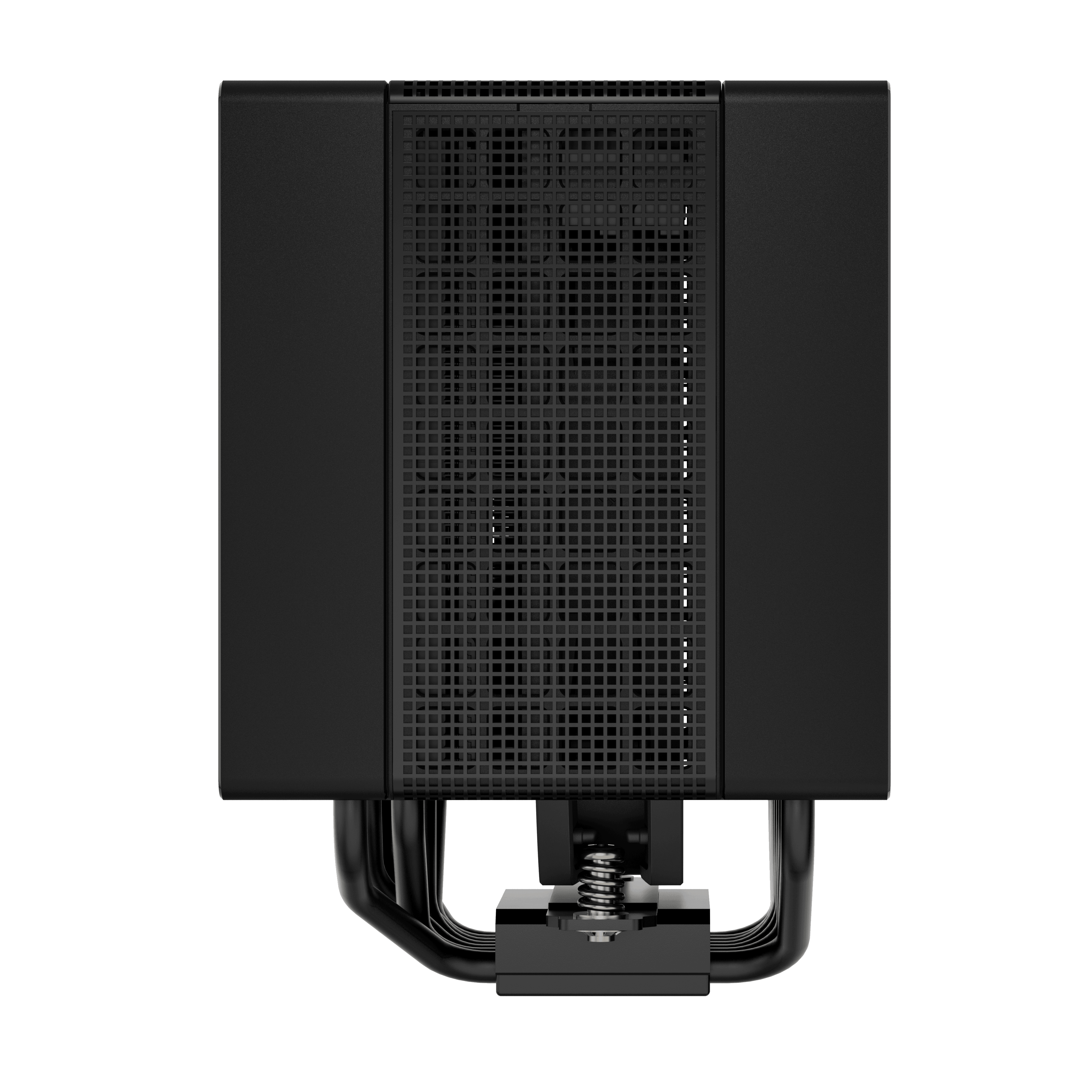 Un refroidisseur de CPU noir sur fond blanc. Il a une grille métallique, des ailettes de refroidissement et des tubes courbés.