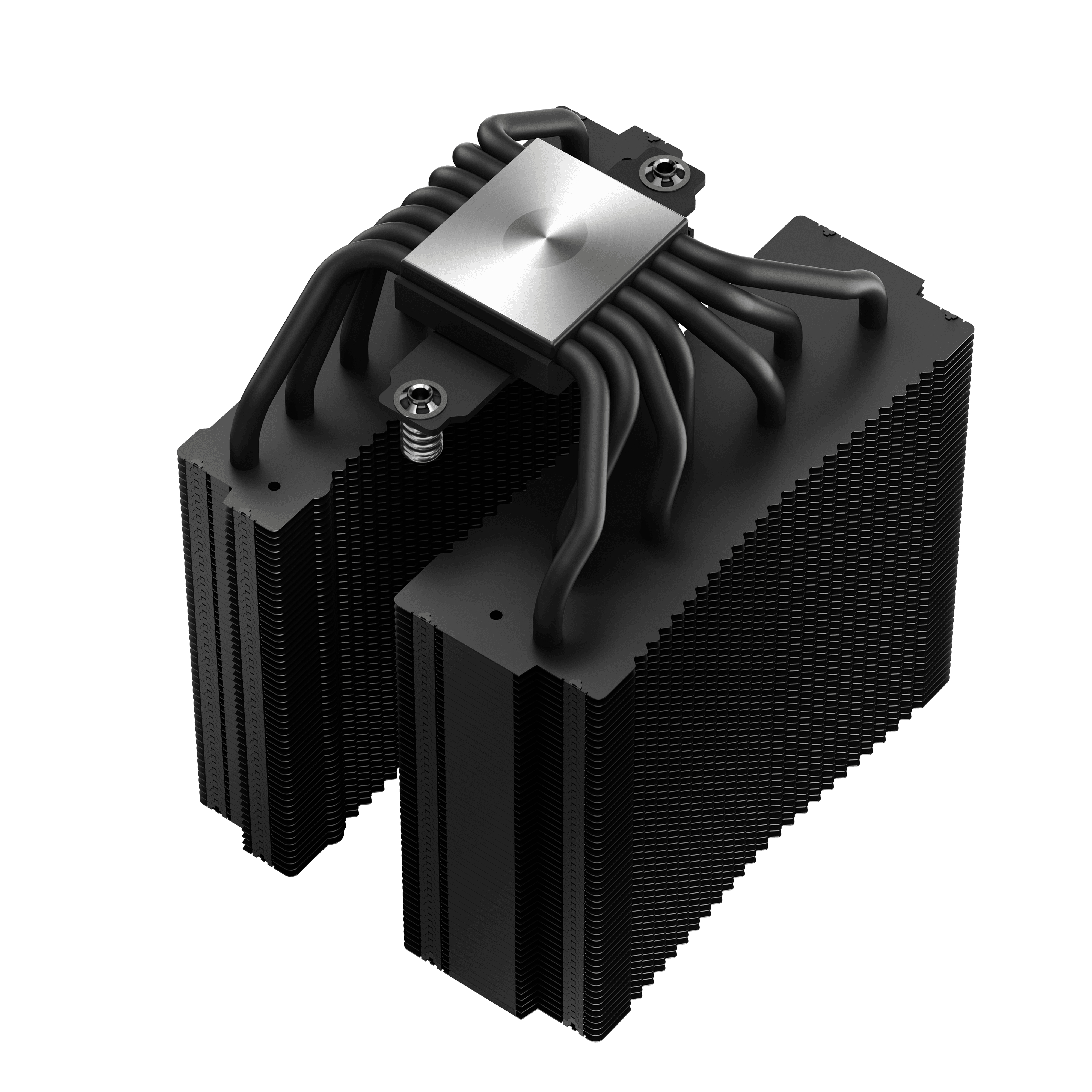 Un refroidisseur de CPU noir avec caloducs et ailettes. Le dessus est argenté. Le fond est blanc.