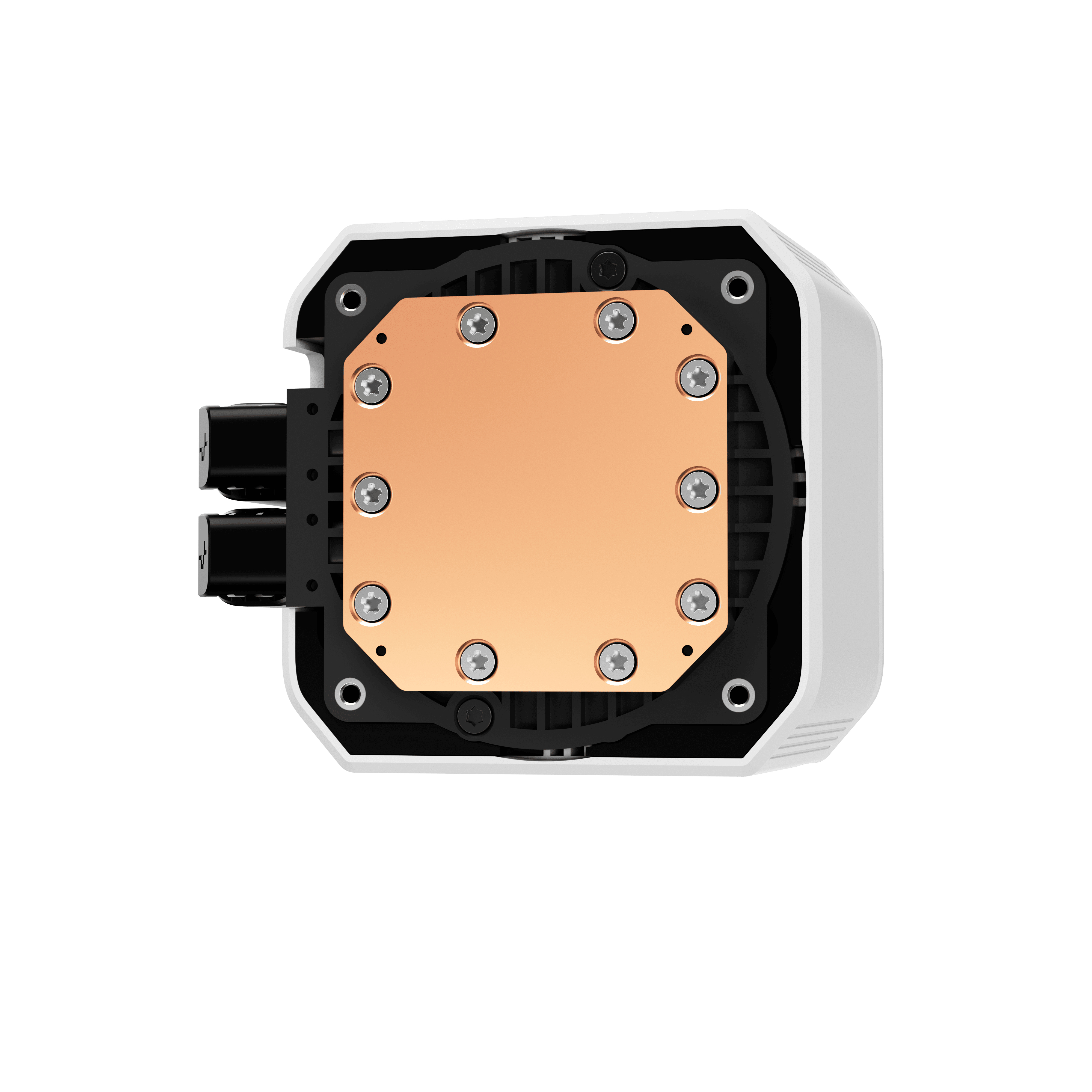 A PC liquid cooler. Copper plate with screws, black connectors and white casing.