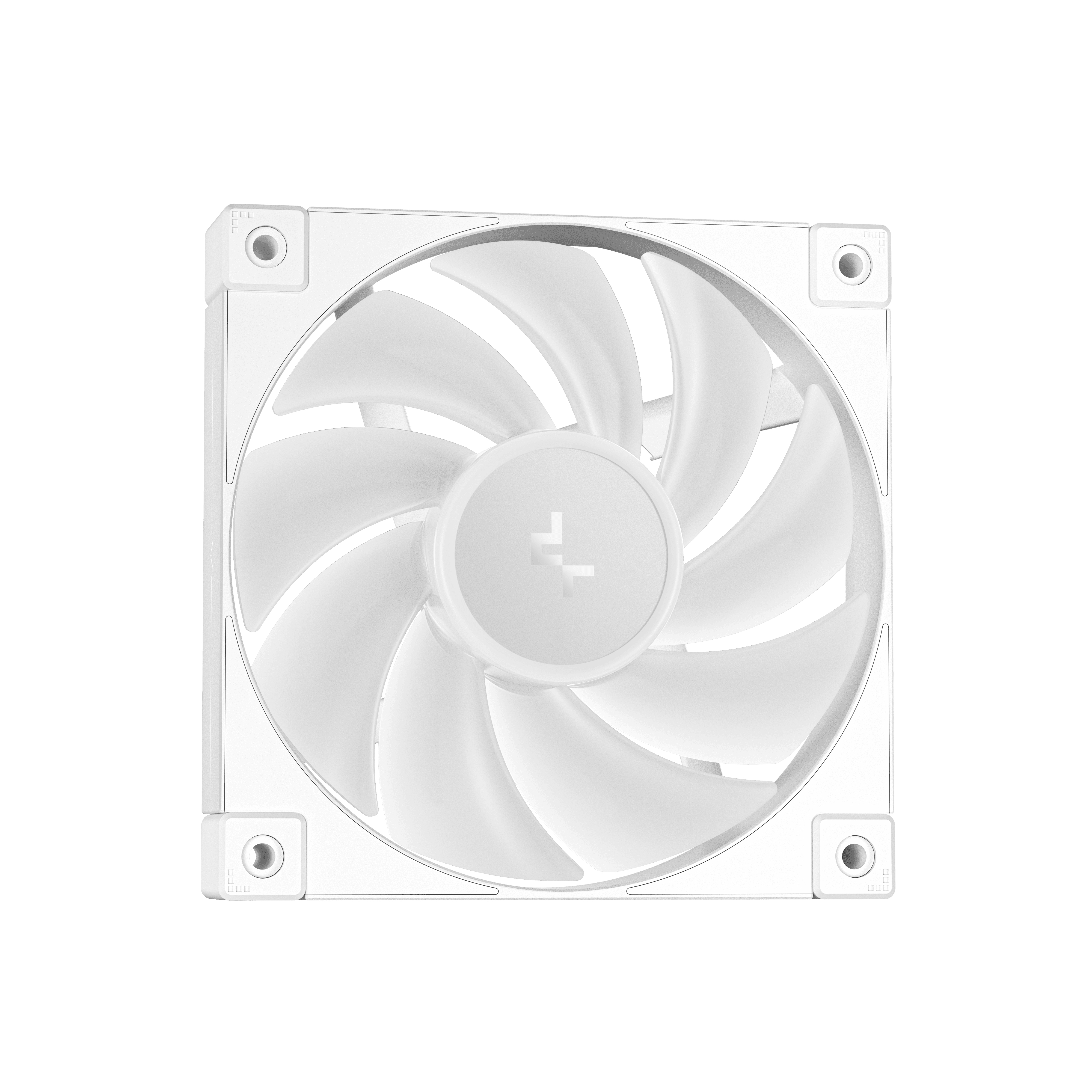A white computer fan with seven curved blades. The fan has a square frame with mounting holes.
