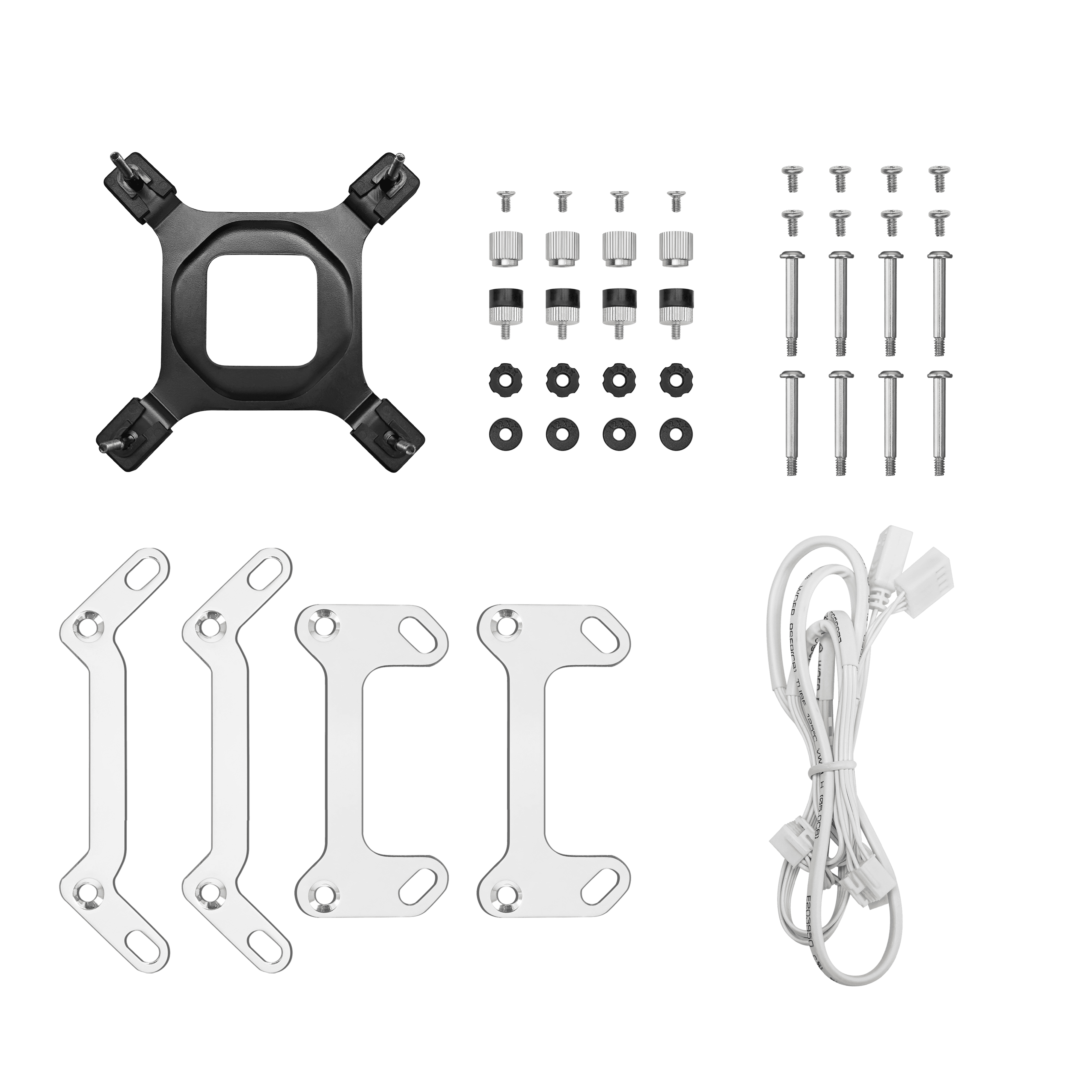 Componenten van een CPU-koeler, inclusief montagebeugel, schroeven, afstandhouders en een witte kabel met connectoren.
