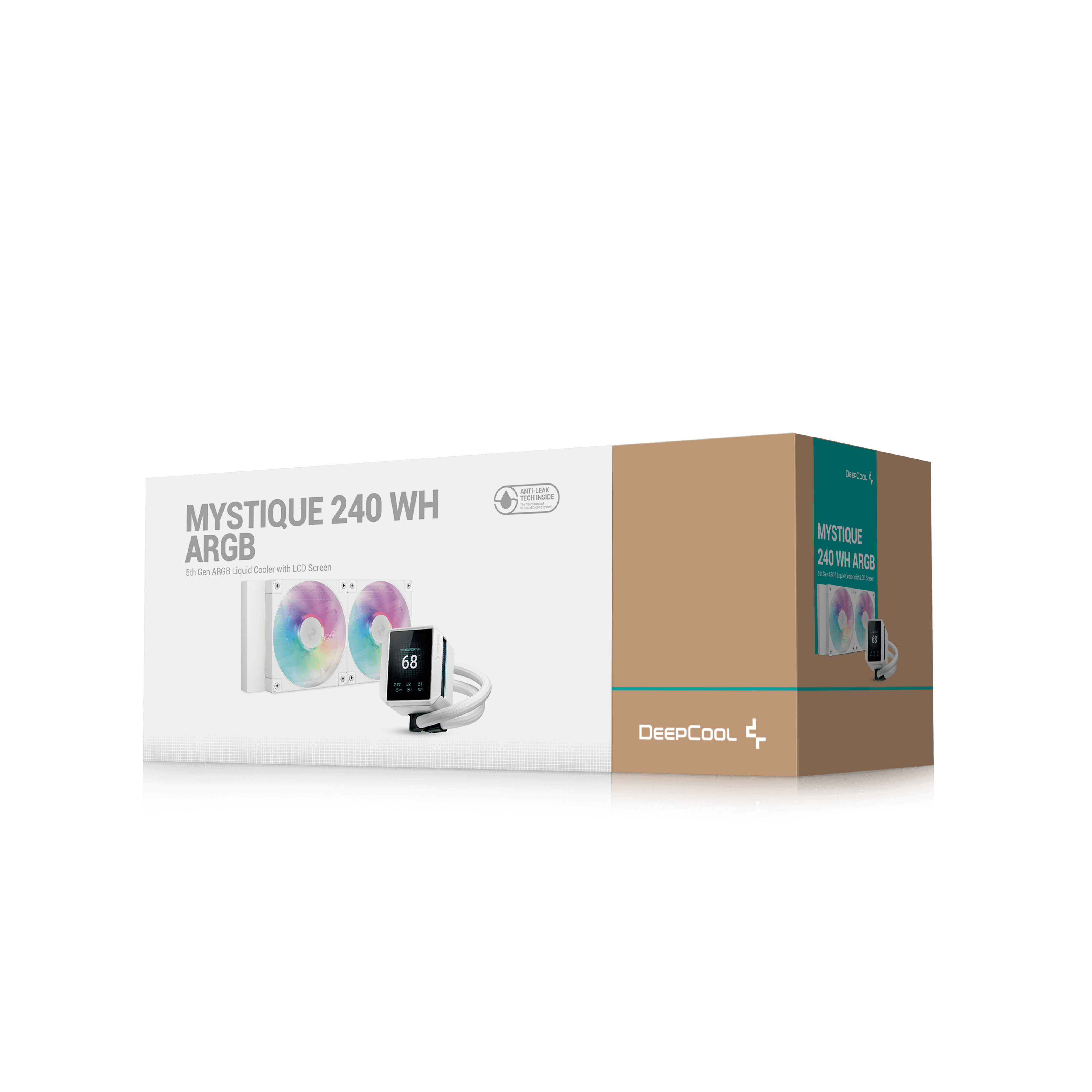 Doos met productnaam MYSTIQUE 240 WH ARGB, koelercomponenten met LCD-scherm en DeepCool-logo.