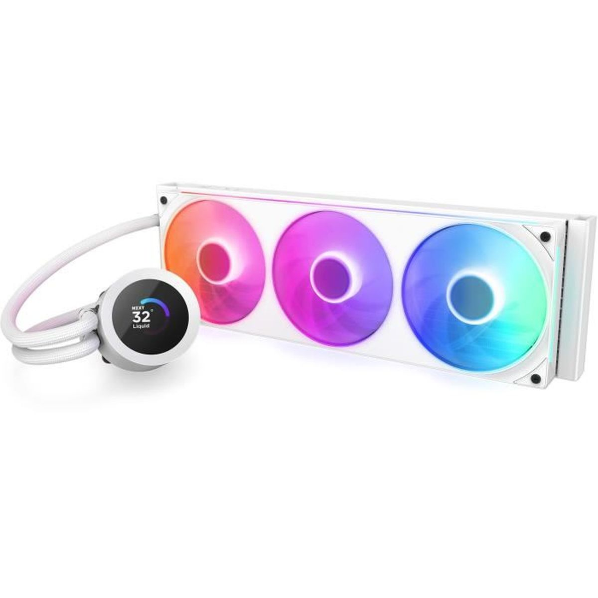 A white PC liquid cooler with three RGB fans. A circular display shows the liquid temperature. The fans have different colors.