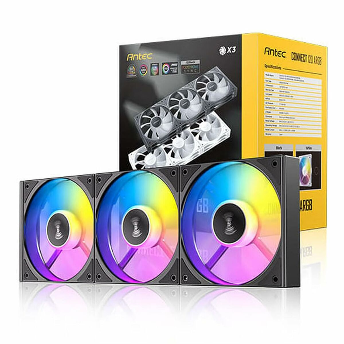Trzy wentylatory RGB do komputera przed pudełkiem. Pudełko zawiera więcej wentylatorów. Wentylatory są marki Antec.