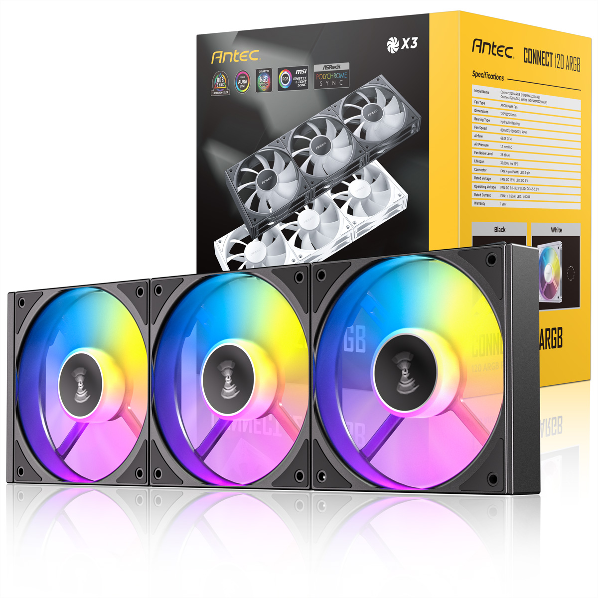 Trzy wentylatory do komputera ARGB z kolorowymi światłami, obok pudełka z wentylatorami i arkusza specyfikacji. Dostępne kolory czarny i biały.