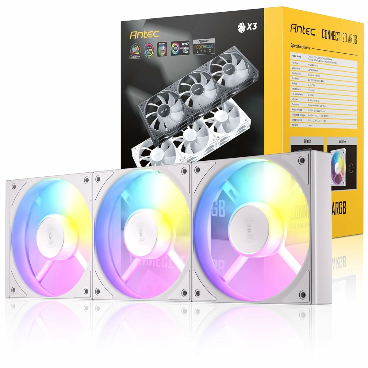 Tre ventole per computer bianche con illuminazione RGB colorata, una scatola con ventole e specifiche del prodotto sono esposte.