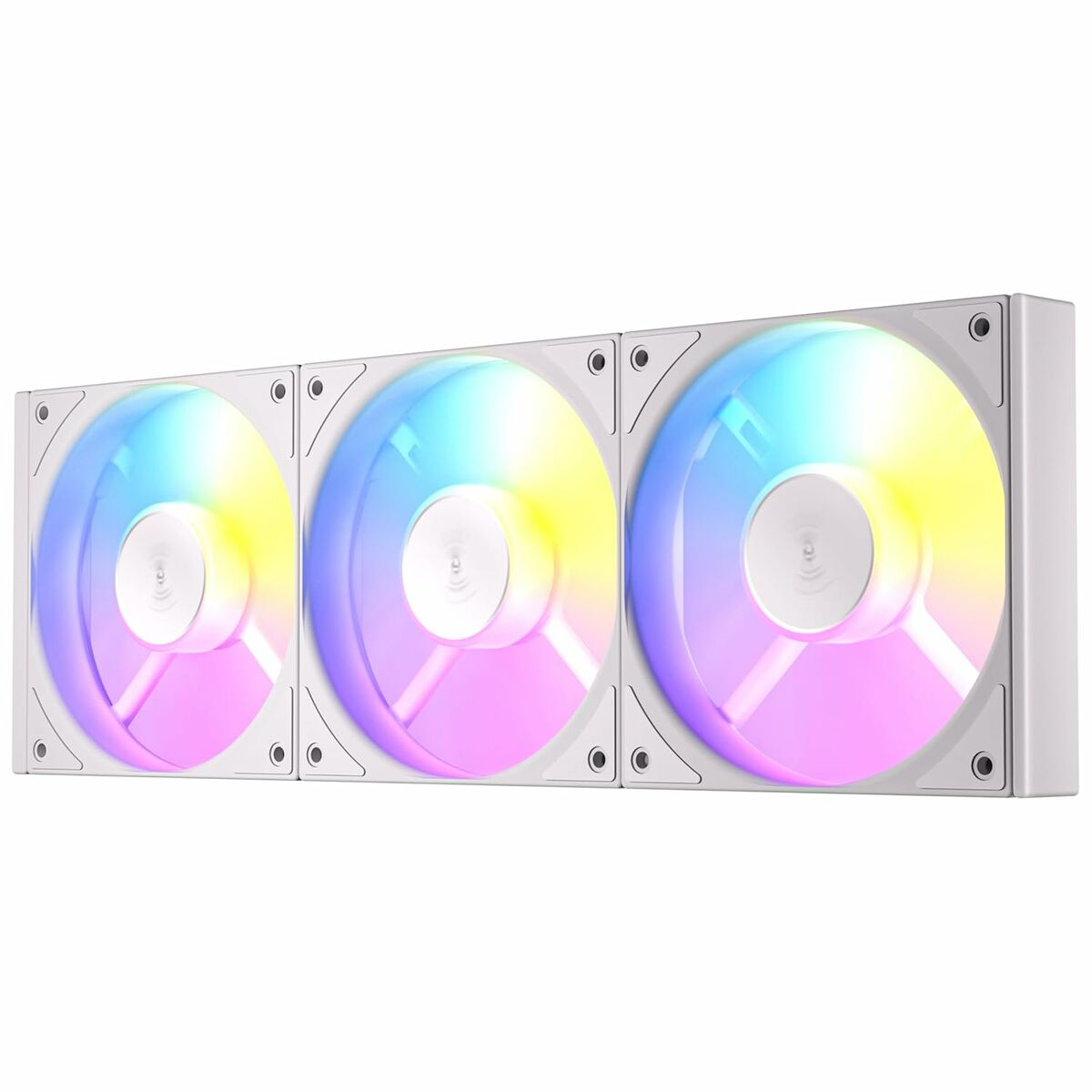 Tre ventole per computer bianche con luci a LED colorate. Le luci passano attraverso vari colori, creando un display vibrante.