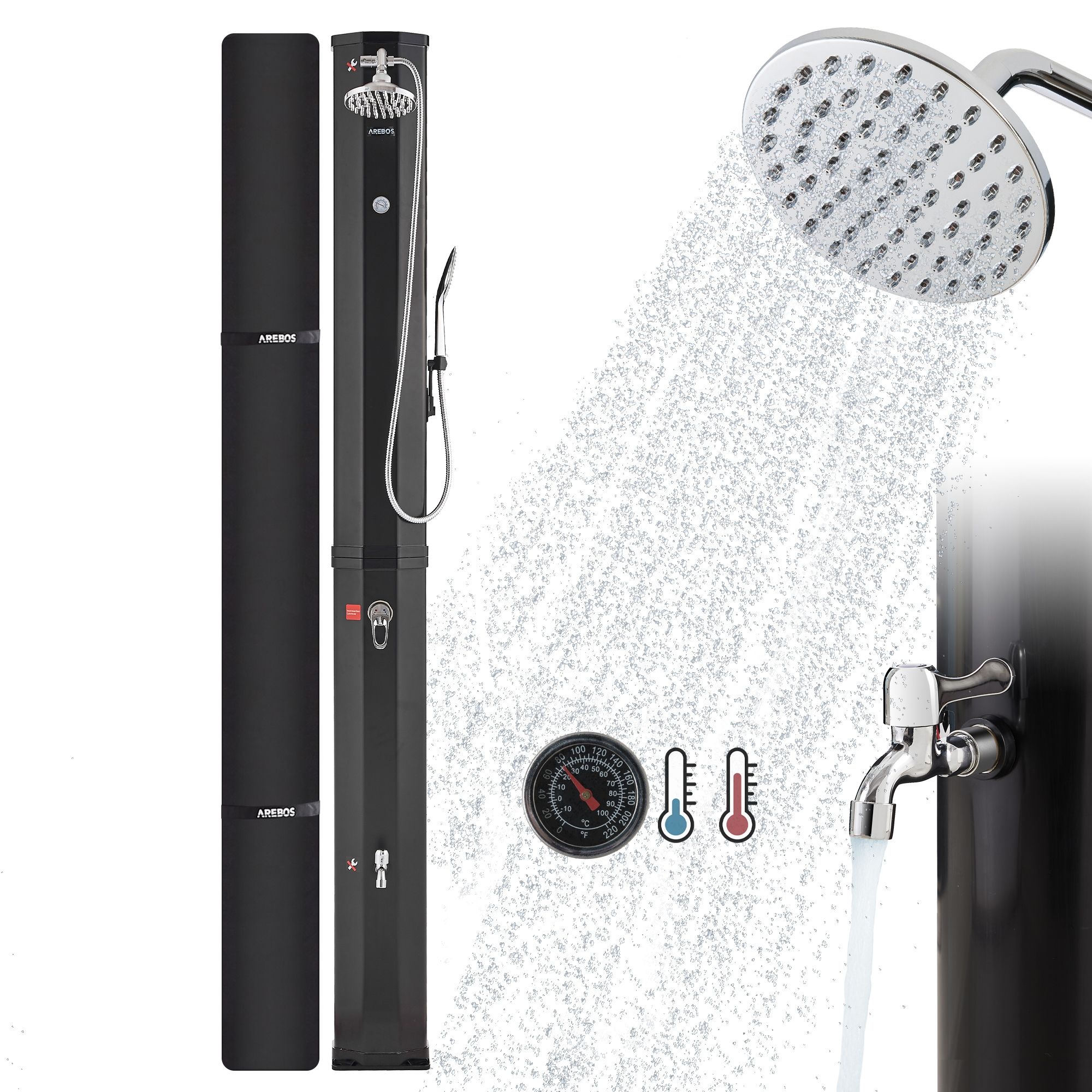 Eine schwarze Außendusche mit Duschkopf, Wasserhahn und Temperaturanzeigen. Wasser strömt aus dem Duschkopf und Wasserhahn.