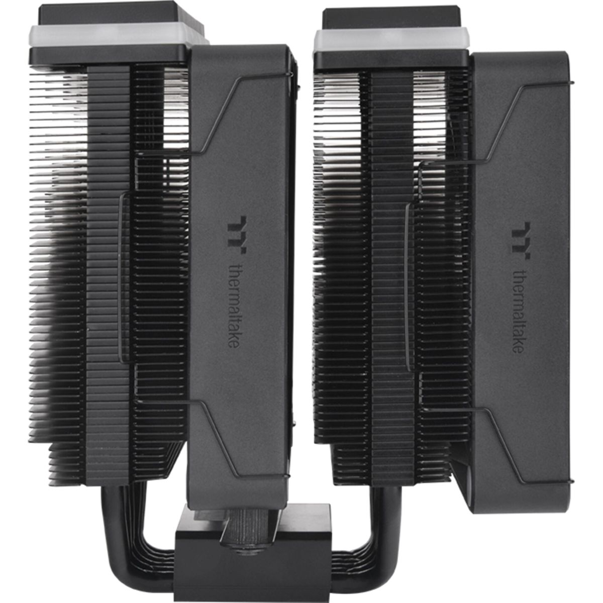 Wyświetlane są dwa czarne chłodzenia procesora do komputera. Mają radiatory i markę Thermaltake. Chłodnice są obok siebie.