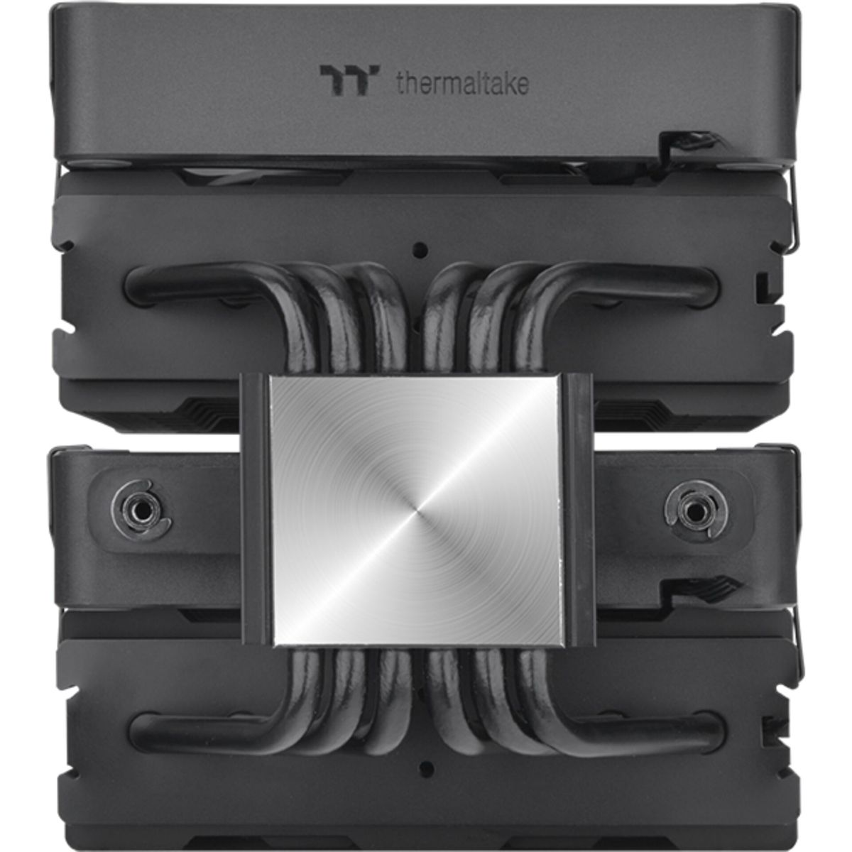 Czarny cooler CPU Thermaltake, z rurkami cieplnymi i srebrną płytą centralną. Chłodnica ma kształt prostokąta.