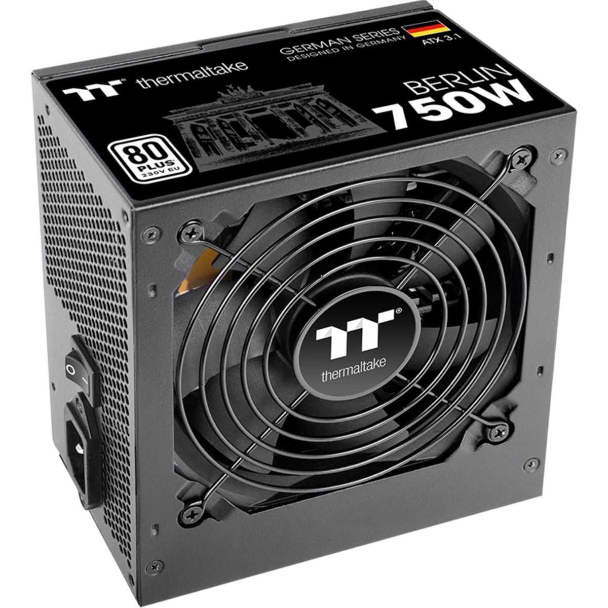 Czarny zasilacz Thermaltake Berlin 750W. Posiada wentylator, włącznik i etykietę 80 Plus EU.