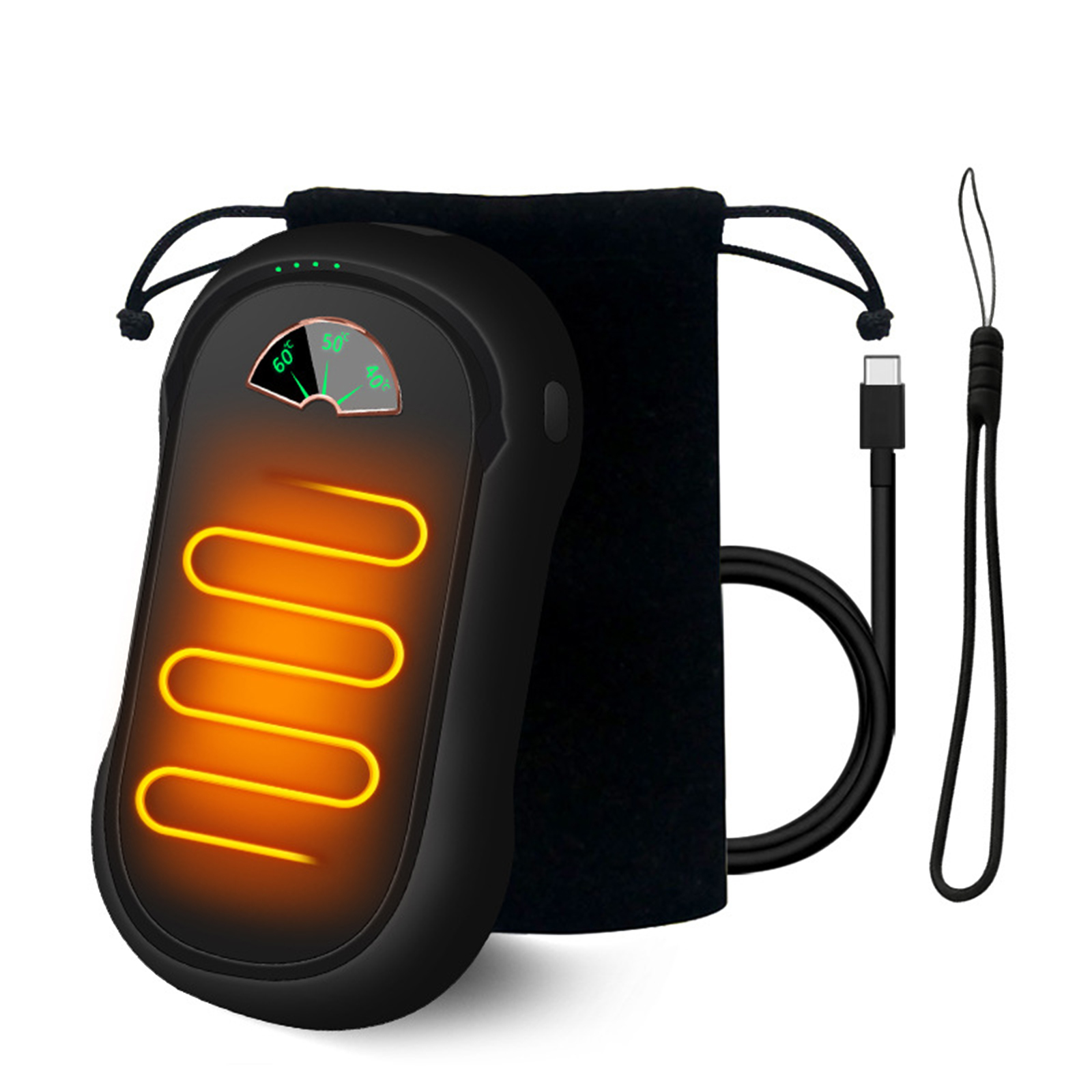 Schwarzer Handwärmer mit orangefarbenem Heizelement, Temperaturanzeige, schwarzem Beutel, USB-Kabel und Lanyard auf weißem Hintergrund.