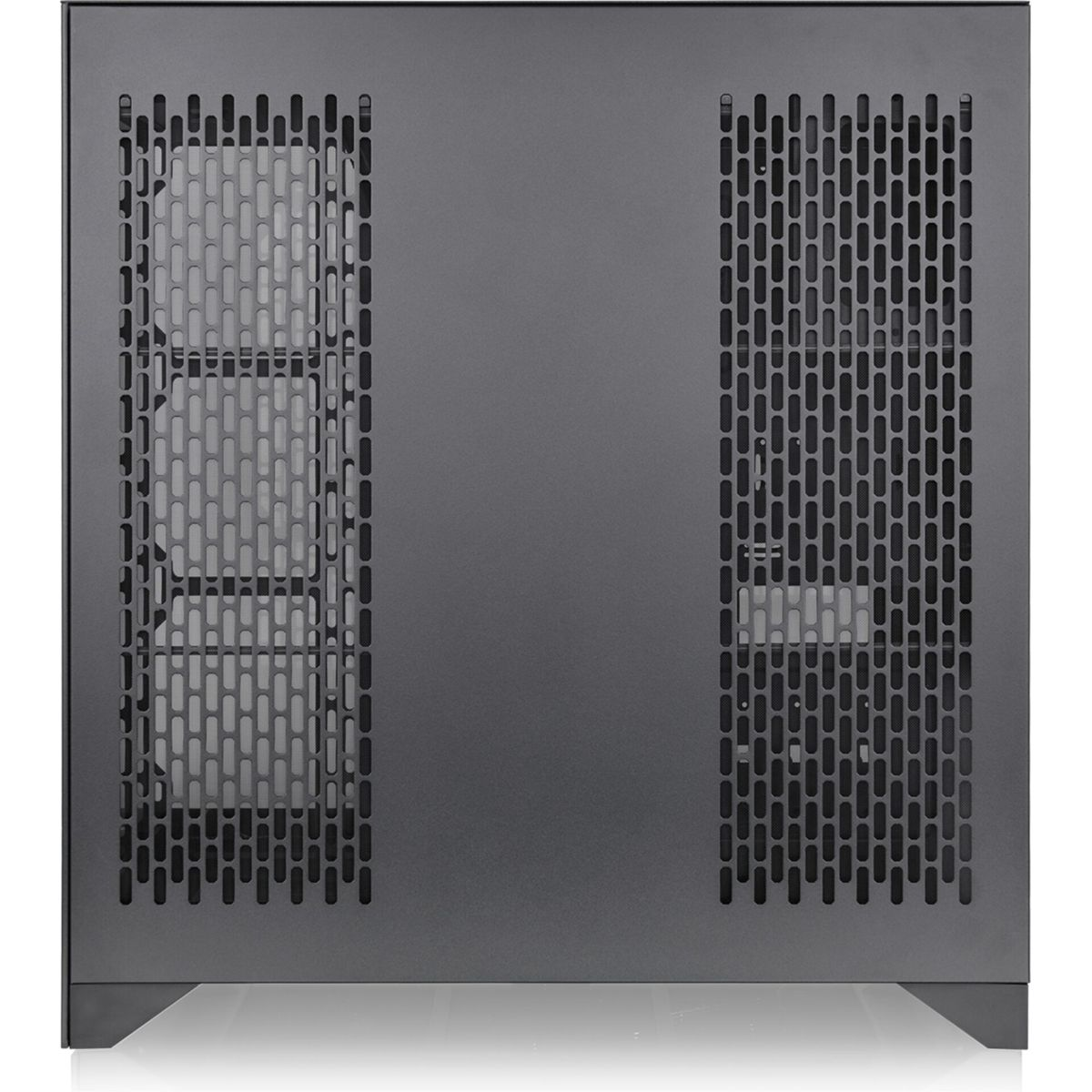 Un case per computer grigio scuro con pannelli a rete sui lati per la ventilazione. Il frontale è un pannello grigio scuro pieno.