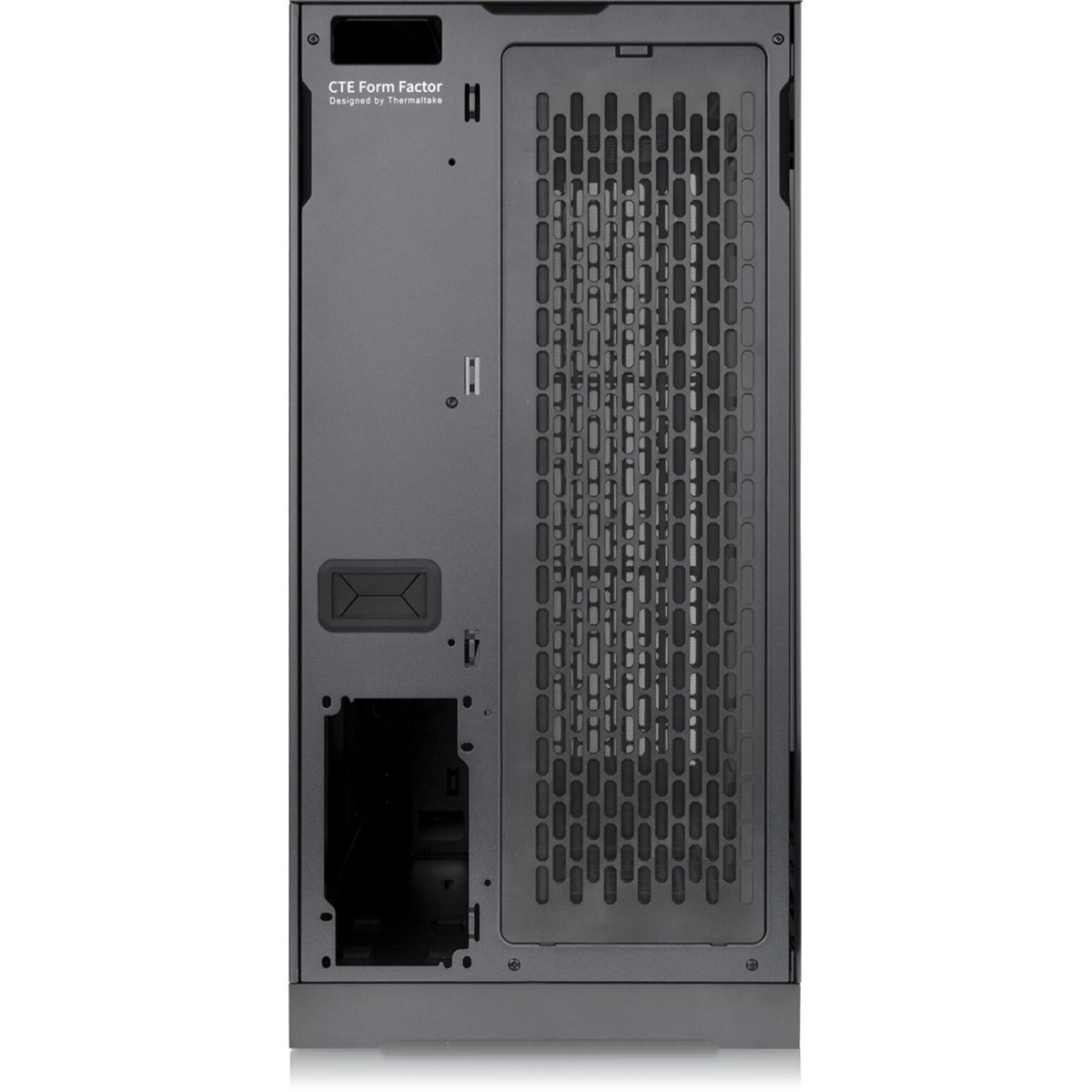 Un case per computer grigio scuro con un pannello laterale ventilato. Include il logo 'CTE Form Factor' e varie aperture.