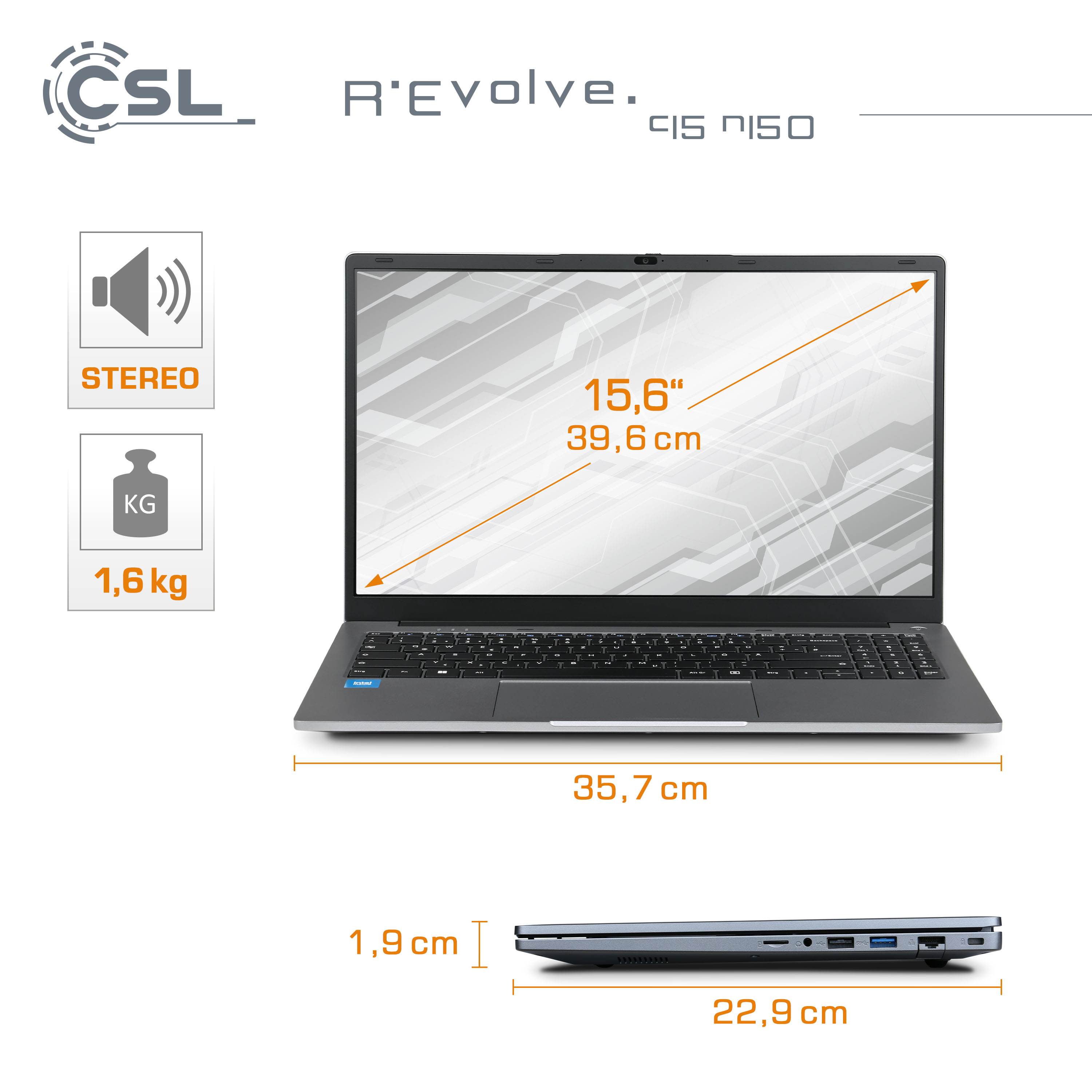 Ein grauer Laptop mit schwarzer Tastatur und Bildschirm. Der Bildschirm zeigt Abmessungen an, und der Laptop hat Stereosound.