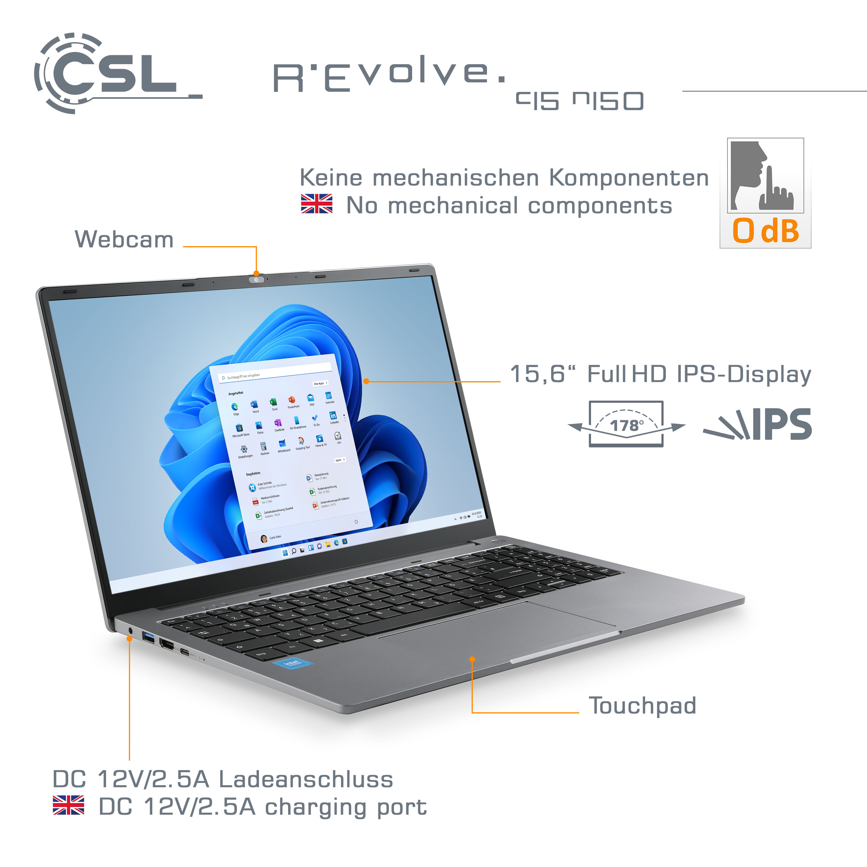 Laptop mit Windows-Bildschirm, Touchpad, Webcam und Ladeanschluss. Er hat ein 15,6" Full HD IPS-Display.