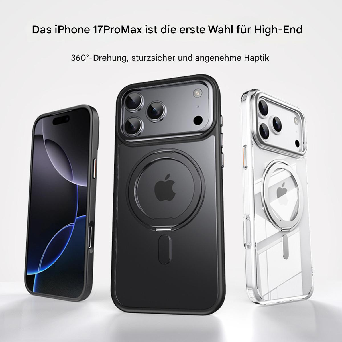 Drei iPhone 17 ProMax Hüllen: schwarz, klar und iPhone. Text: 'iPhone 17 ProMax ist die erste Wahl für High-End'.