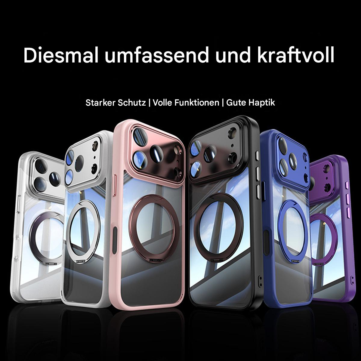 Verschiedene Telefonhüllen in verschiedenen Farben werden gezeigt. Jede Hülle hat einen Ringhalter und eine transparente Rückseite, mit Text oben.