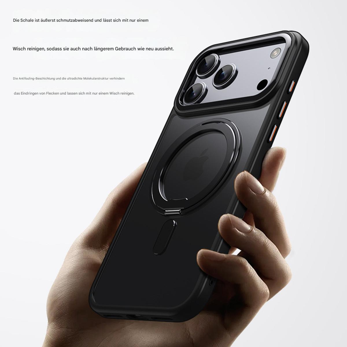 Eine Hand hält eine schwarze Handyhülle mit einem kreisförmigen Magnetring und einem Apple-Logo. Der Hintergrund ist weiss.