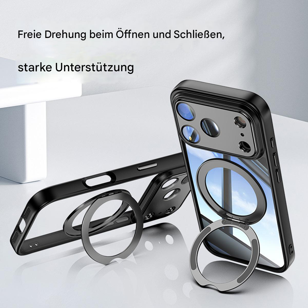 Eine schwarze Handyhülle mit silbernem Ringständer wird auf einer weißen Oberfläche gezeigt. Text auf Deutsch: Freie Drehung beim Öffnen und Schließen.