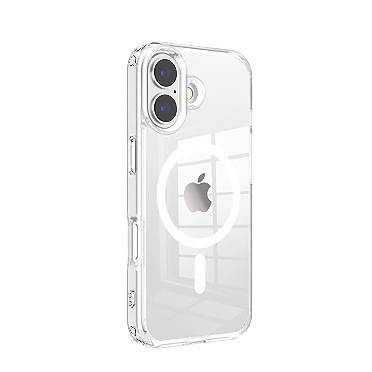 Transparente iPhone-Hülle mit Kameralinsen, Apple-Logo und MagSafe-Kreis. Die Hülle ist durchsichtig und zeigt das Telefon.