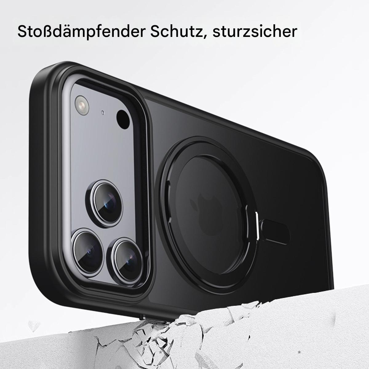 Eine schwarze Handyhülle mit drei Kameralinsen, Apple-Logo. Die Hülle befindet sich auf einer zerbrochenen weißen Oberfläche.