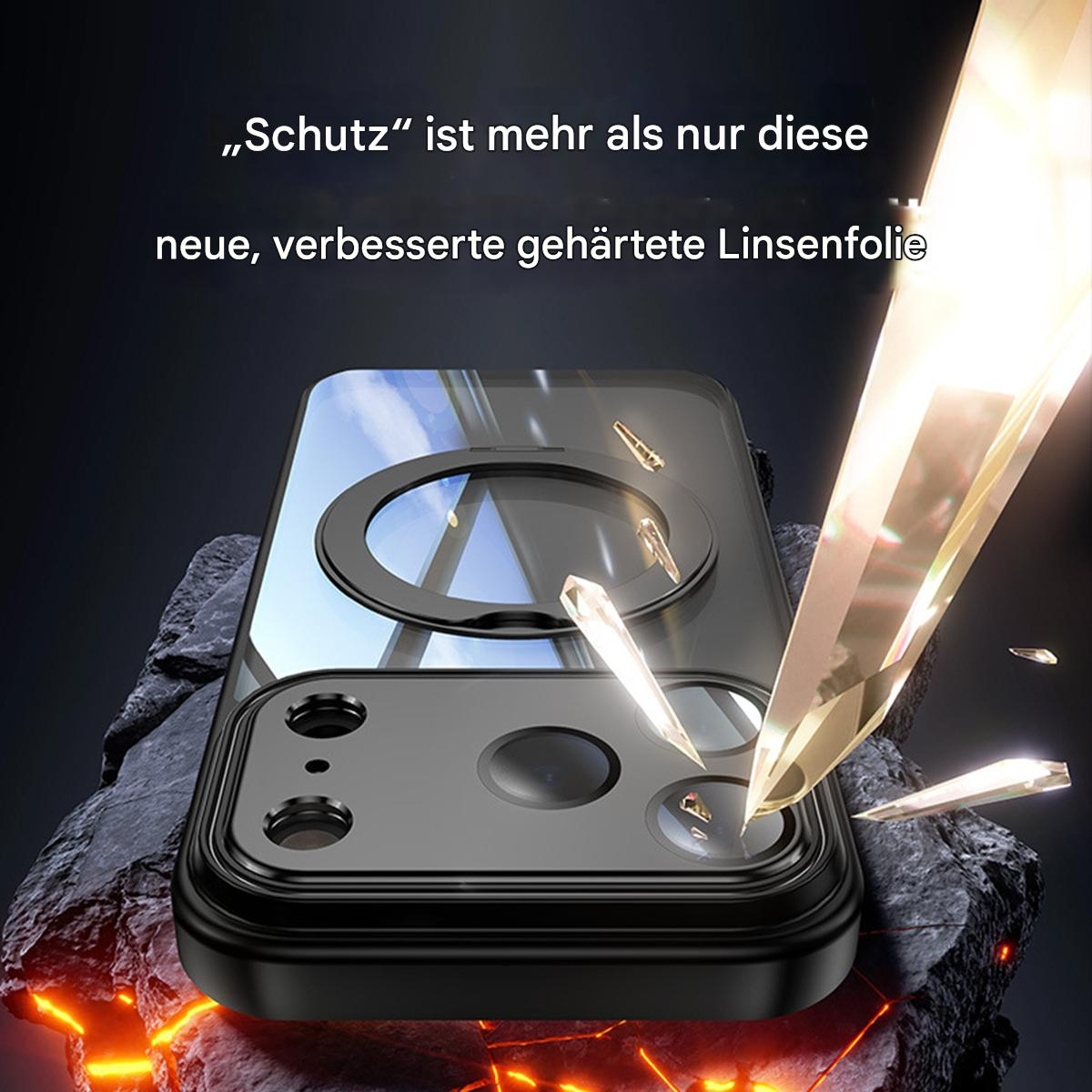 Eine Handyhülle mit Linsenschutz wird gezeigt. Die Szene hat einen Effekt von zerbrochenem Glas, mit Textüberlagerung.