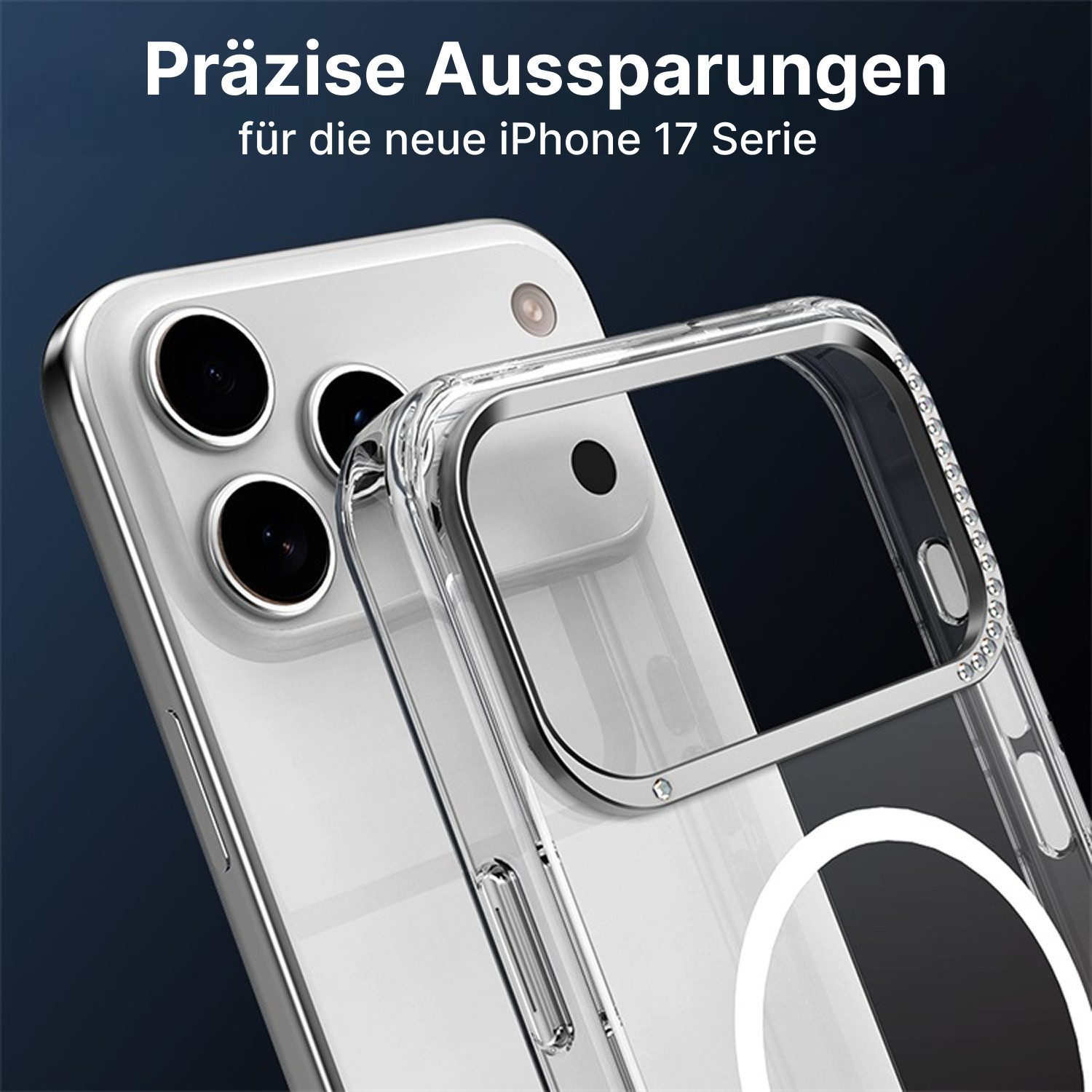 Eine klare Handyhülle über einem weißen Telefon mit mehreren Kameralinsen. Text: 'Präzise Aussparungen für die neue iPhone 17 Serie'.