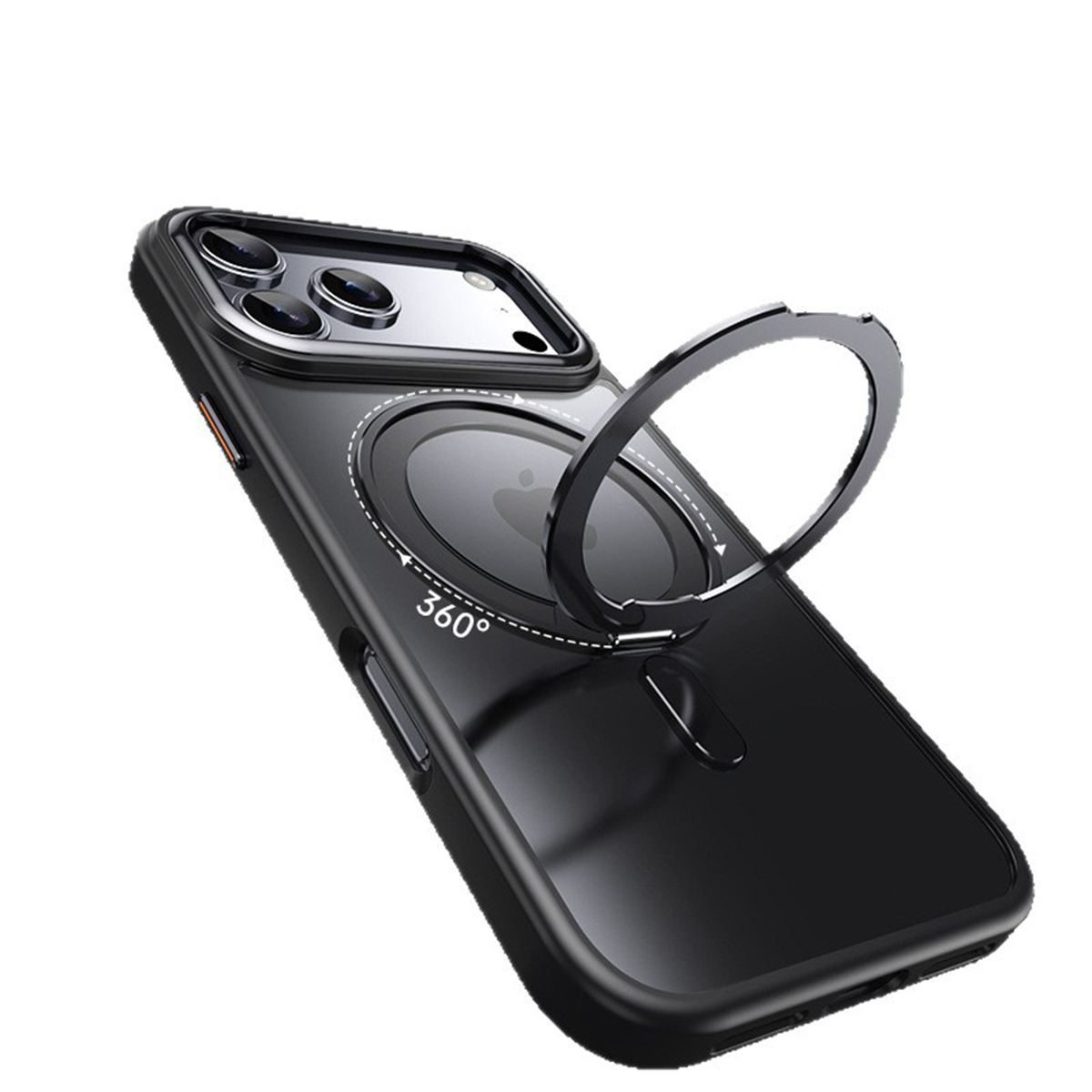 Eine schwarze Telefonhülle mit Ringhalter wird gezeigt. Die Hülle hat eine durchsichtige Rückseite, schwarze Ränder und einen 360° drehbaren Ring.