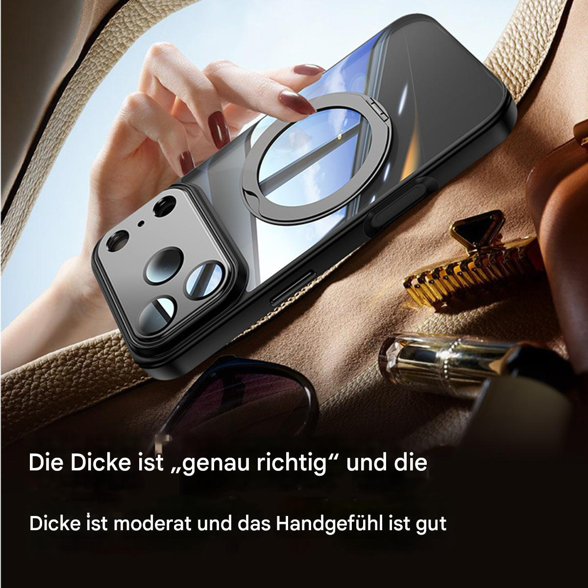 Eine Hand hält eine schwarze Handyhülle mit einem Ringständer. Im Hintergrund sind eine Handtasche und eine Sonnenbrille zu sehen.