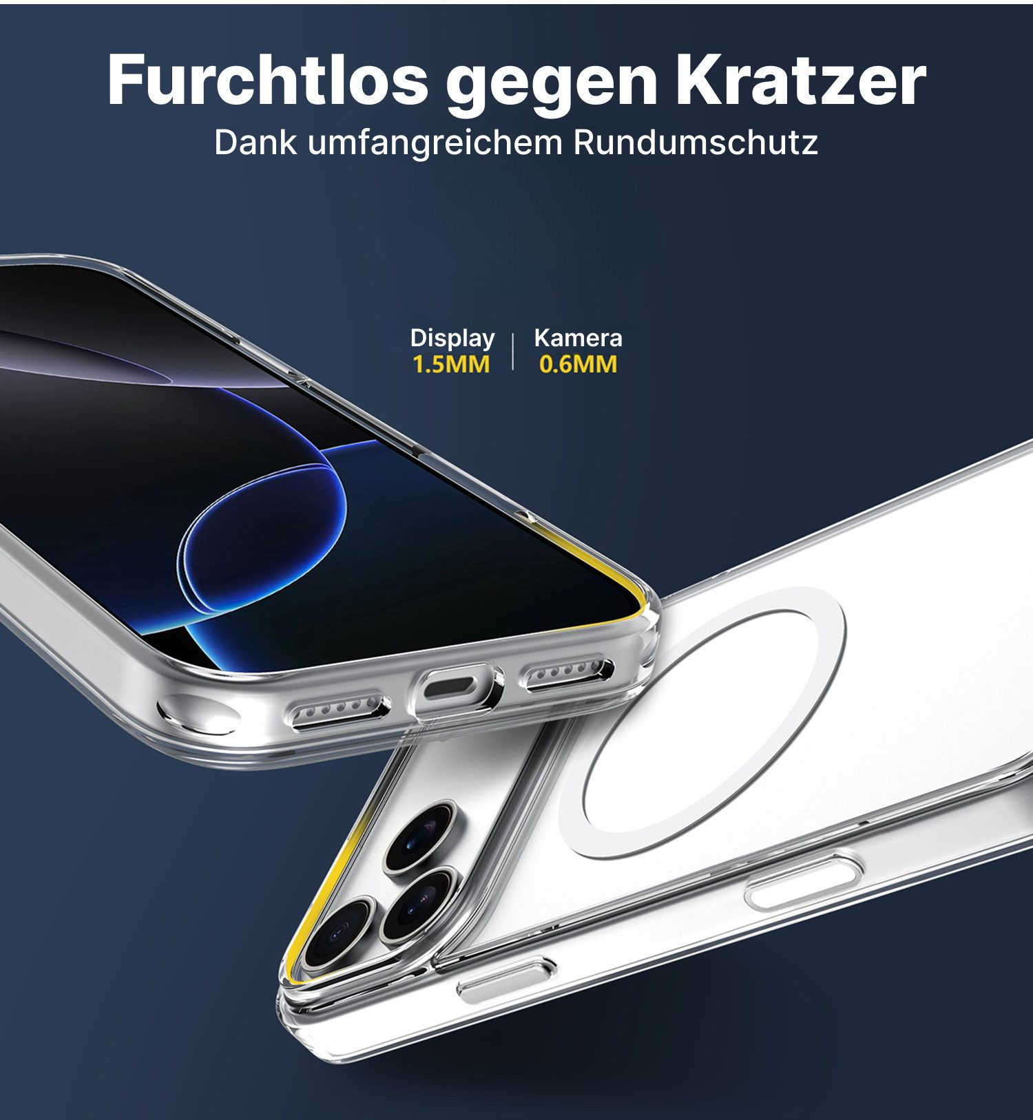 Transparente Handyhülle, die ein Telefon schützt. Der Text oben lautet 'Furchtlos gegen Kratzer'. Display- und Kameraschutz sind hervorgehoben.