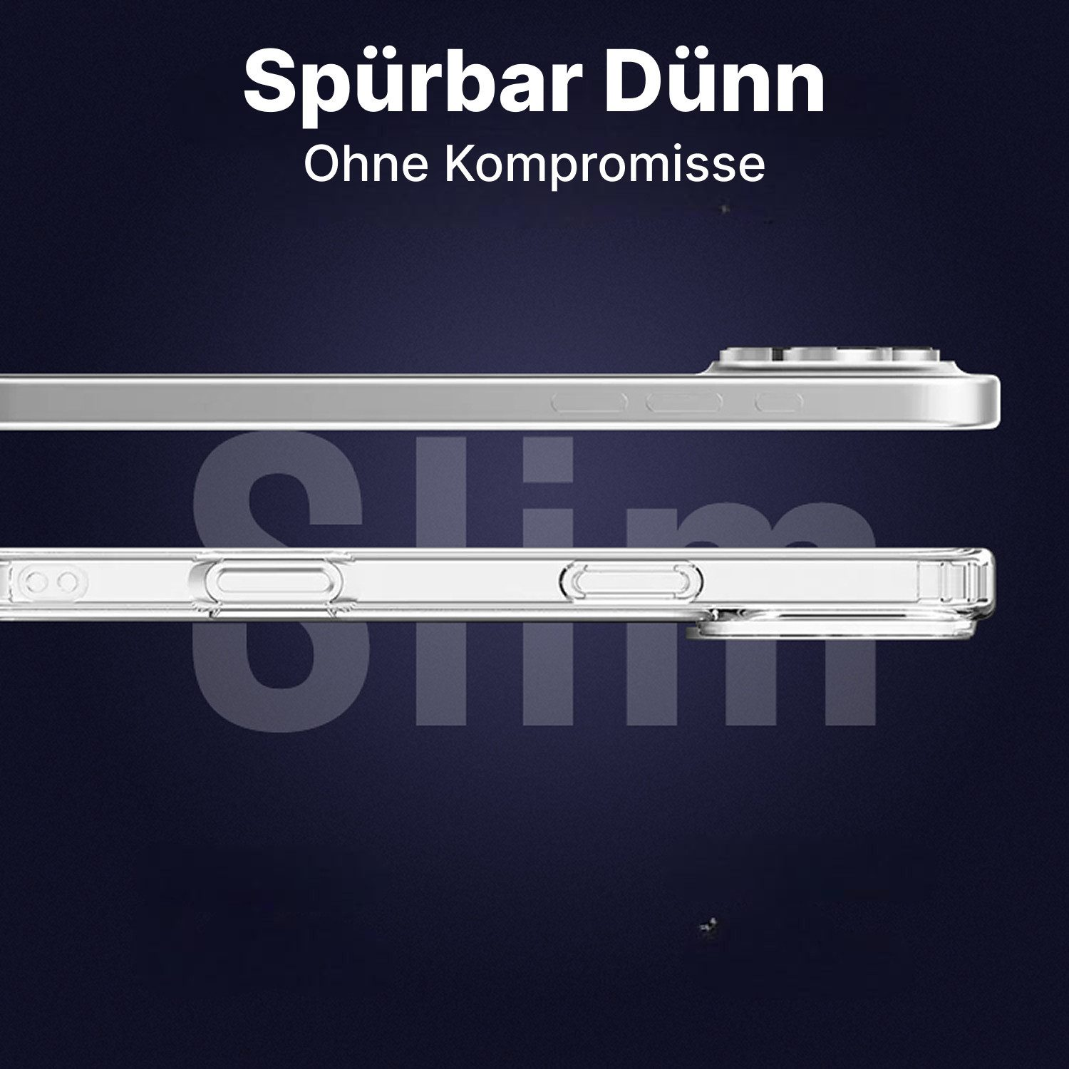 Zwei Handyhüllen, eine durchsichtige, eine silberne, leicht überlappend. Text oben lautet 'Spürbar Dünn' und 'Ohne Kompromisse'.