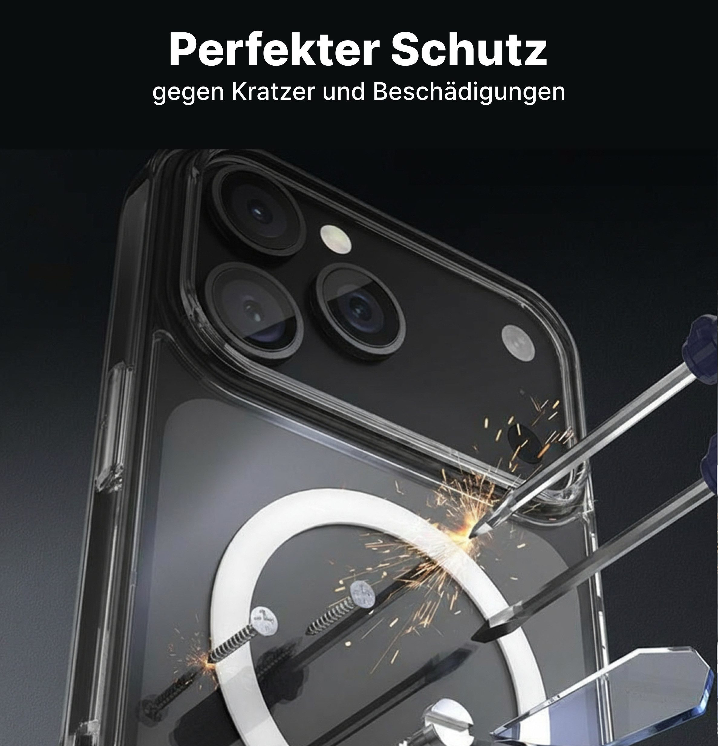 Eine Handyhülle schützt ein Telefon vor Nägeln. Funken fliegen, wenn Nägel auf die Hülle treffen. Text: Perfekter Schutz vor Kratzern.