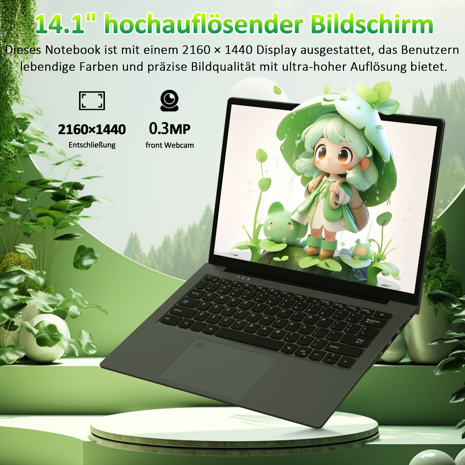 Laptop mit Cartoonfigur auf dem Bildschirm, umgeben von grünen Pflanzen und einem weißen Podest.