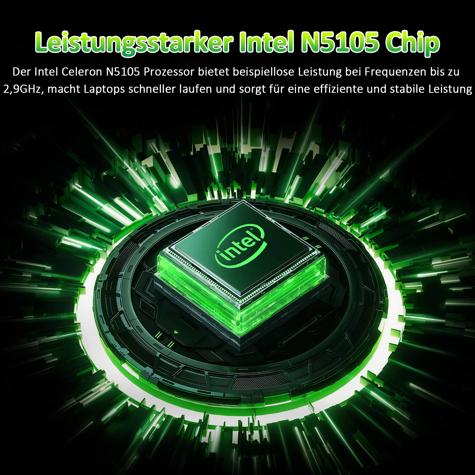 Ein grüner Intel N5105-Chip, umgeben von leuchtenden grünen Linien, auf dunklem Hintergrund. Das Intel-Logo ist sichtbar.