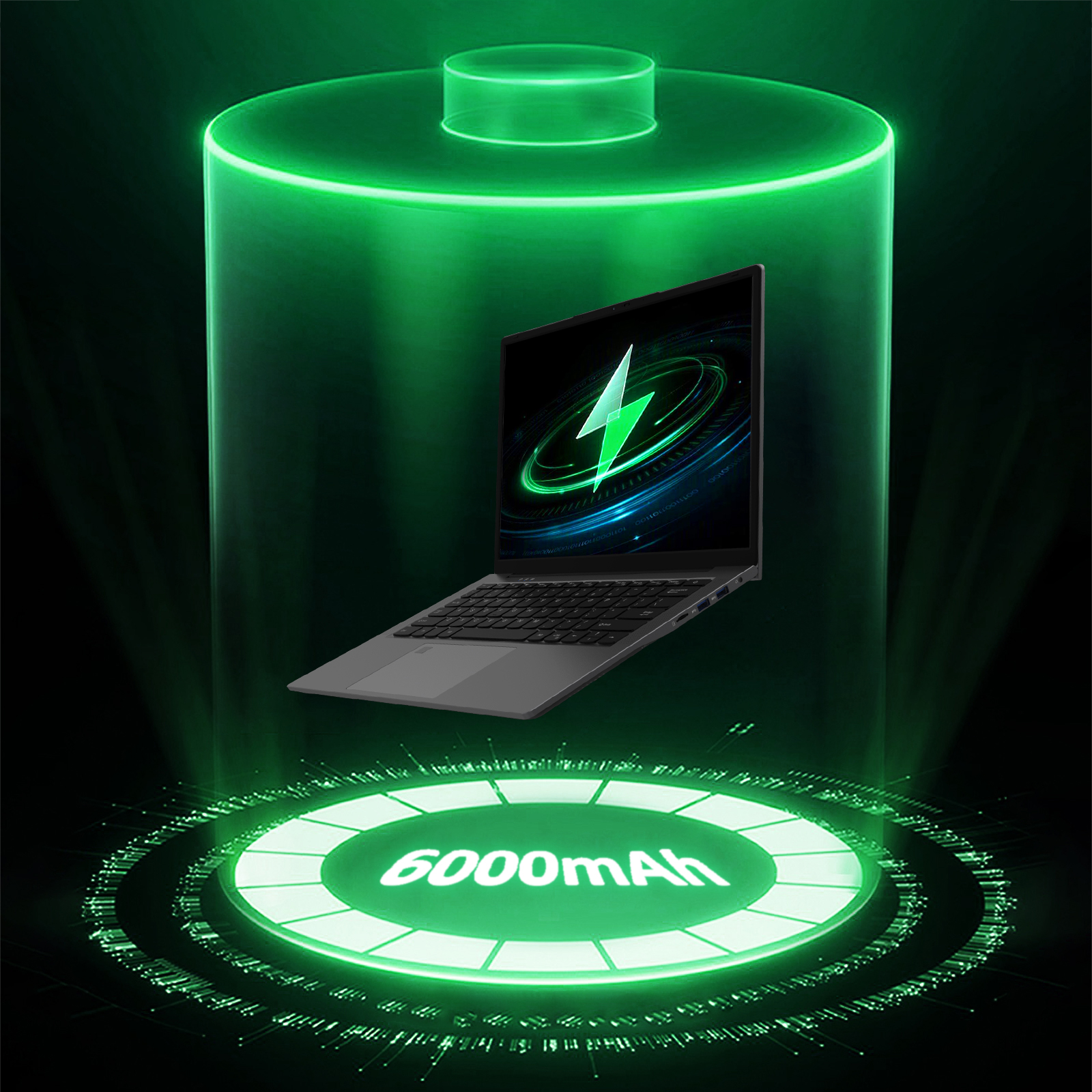 Laptop mit Ladesymbol in einem Akkusymbol. Der Boden zeigt 6000 mAh mit Leuchteffekt.